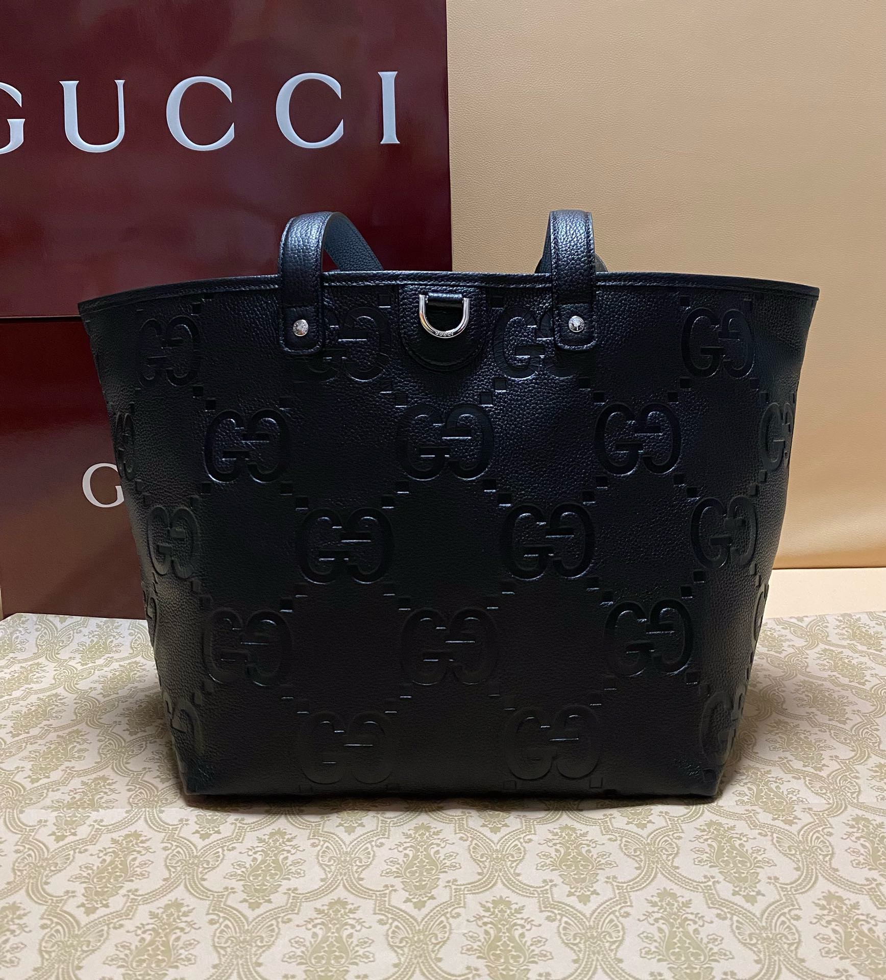 GG jumbo medium tote bag in black GG leather