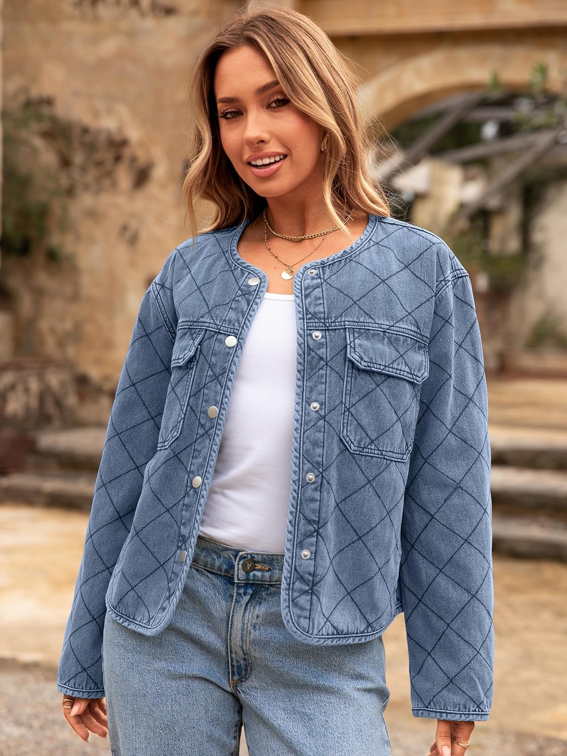 Glamaker Jean Jacket Women Denim Long Sleeve Button Down Diamond Quilted Lightweight Jackets Fall Winter Shacket Coats