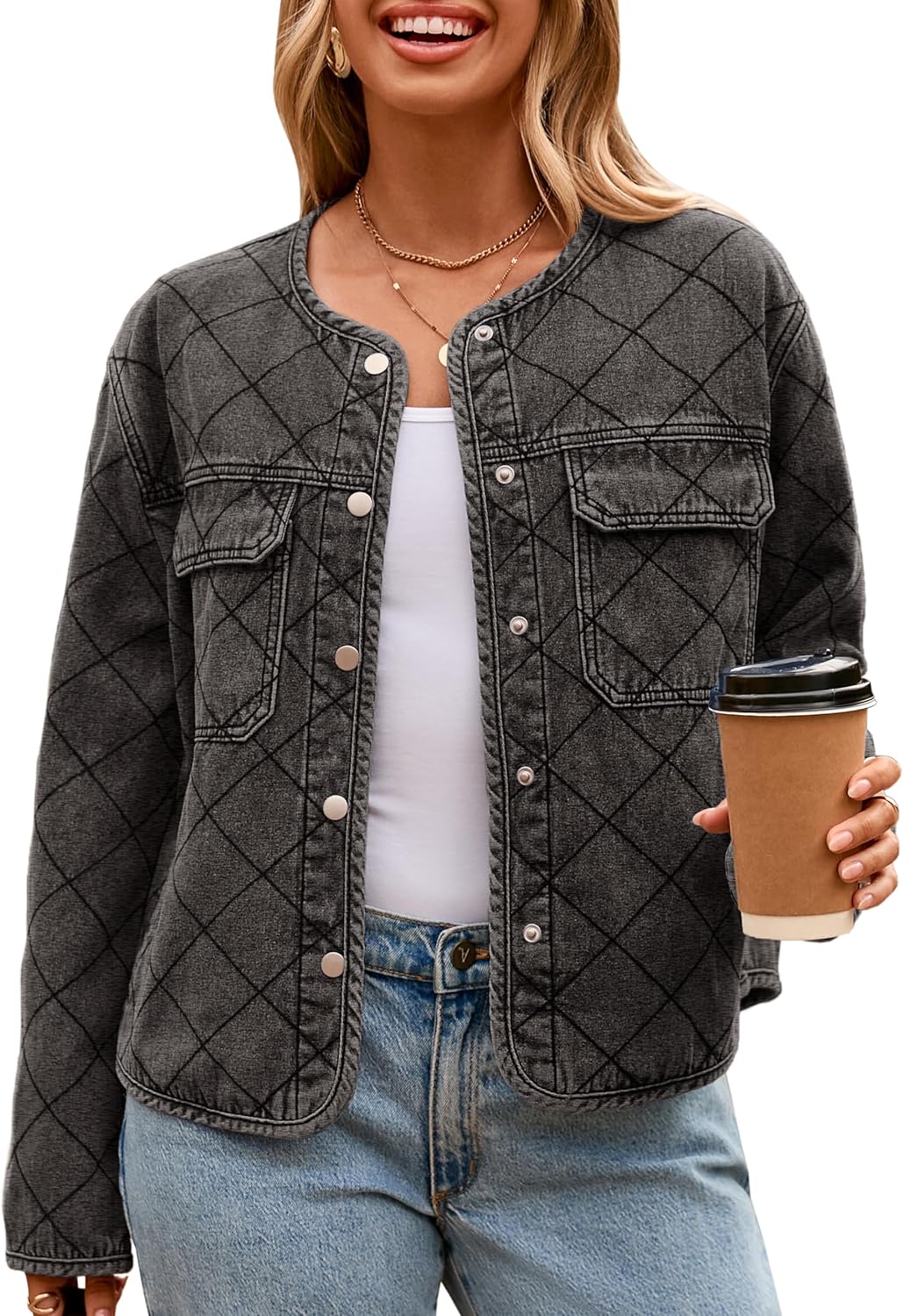 Glamaker Jean Jacket Women Denim Long Sleeve Button Down Diamond Quilted Lightweight Jackets Fall Winter Shacket Coats