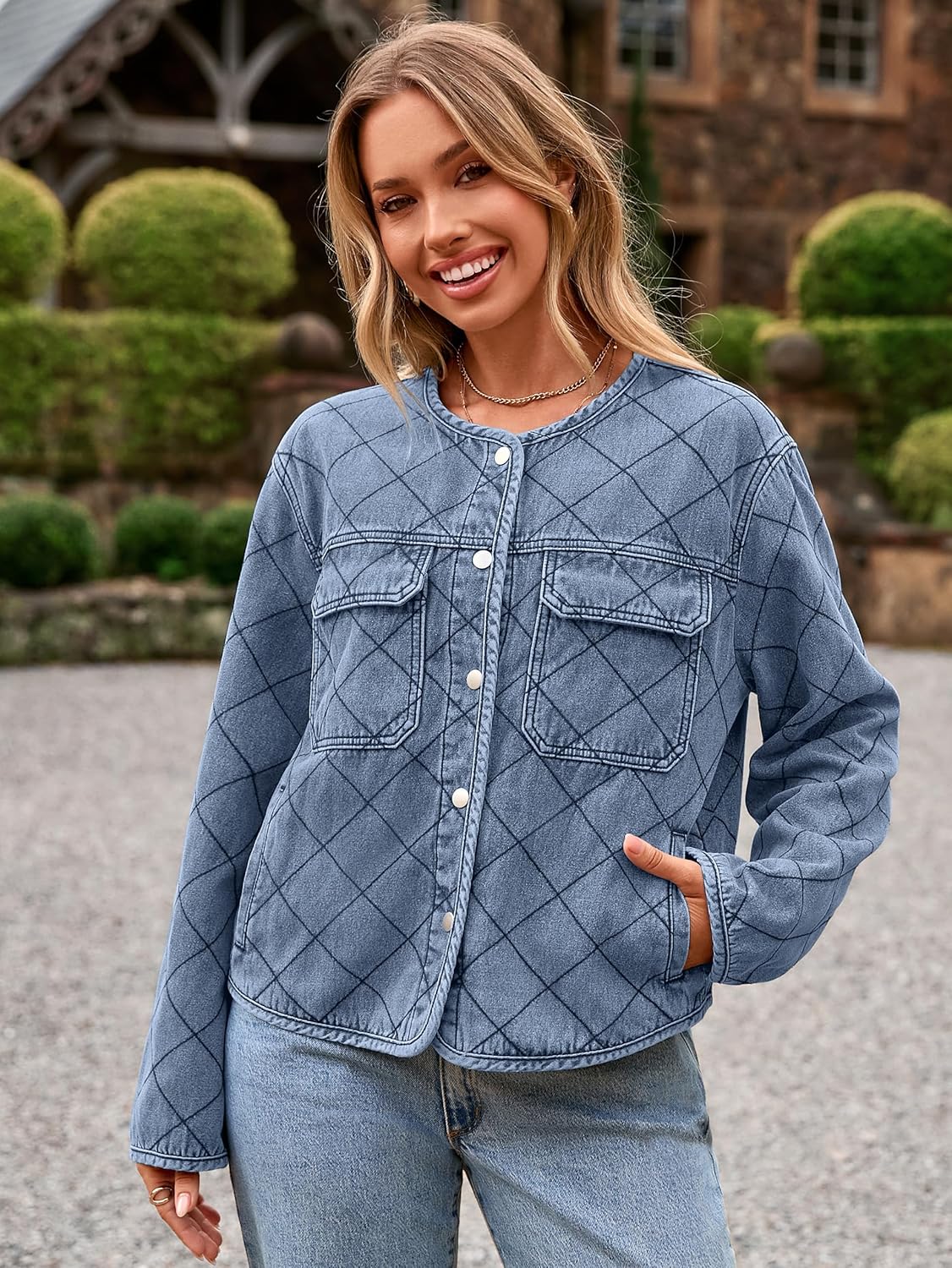 Glamaker Jean Jacket Women Denim Long Sleeve Button Down Diamond Quilted Lightweight Jackets Fall Winter Shacket Coats