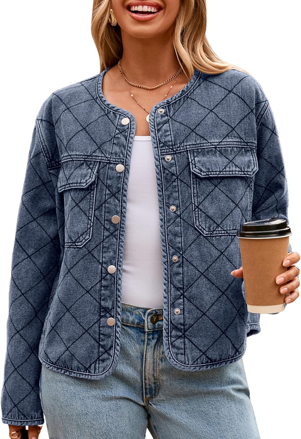 Glamaker Jean Jacket Women Denim Long Sleeve Button Down Diamond Quilted Lightweight Jackets Fall Winter Shacket Coats