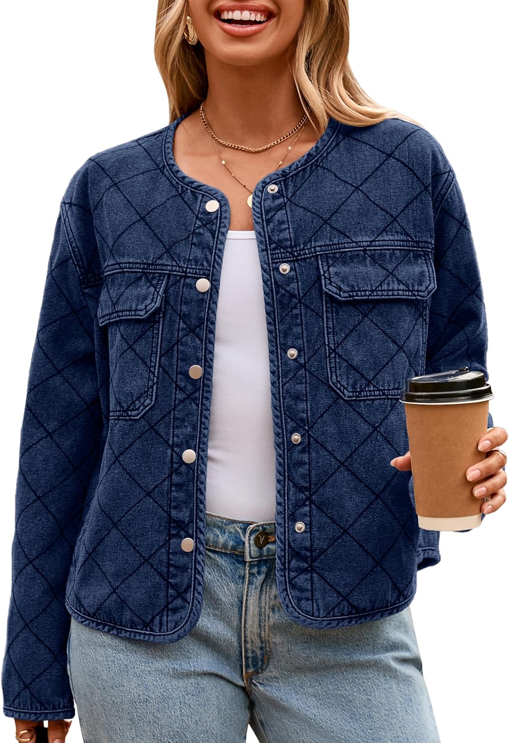 Glamaker Jean Jacket Women Denim Long Sleeve Button Down Diamond Quilted Lightweight Jackets Fall Winter Shacket Coats