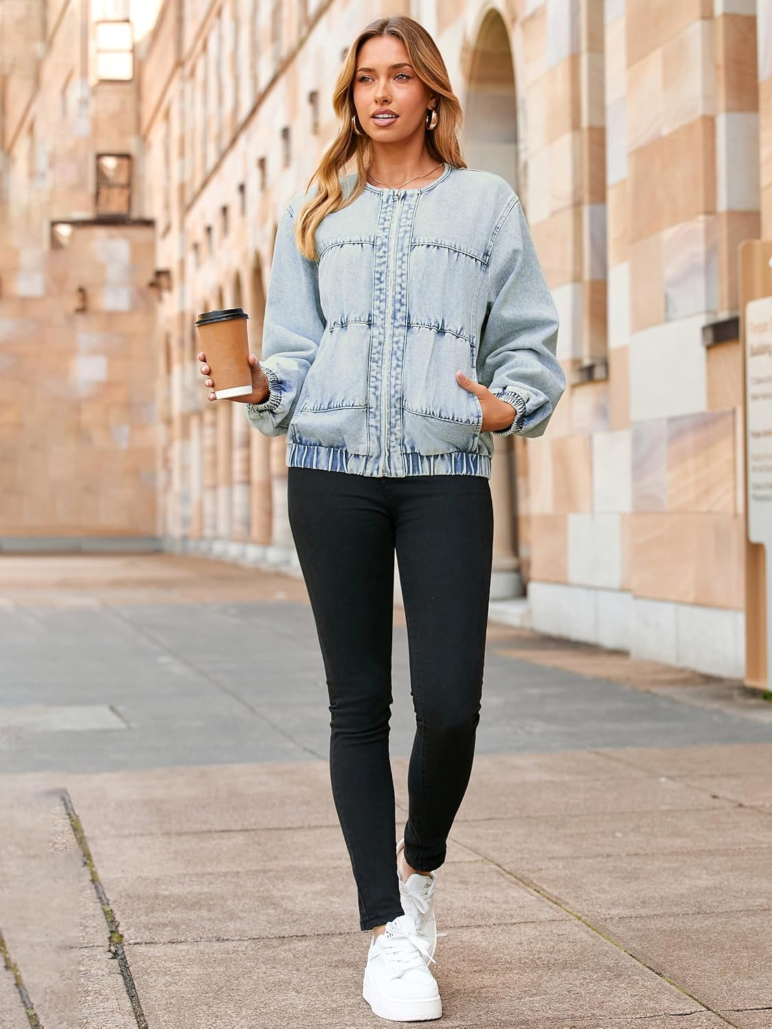 Glamaker Womens Denim Bomber Jacket Trendy Casual Zip Up Crew Neck Long Sleeve Loose Fit Jean Jacket Fall Outfits