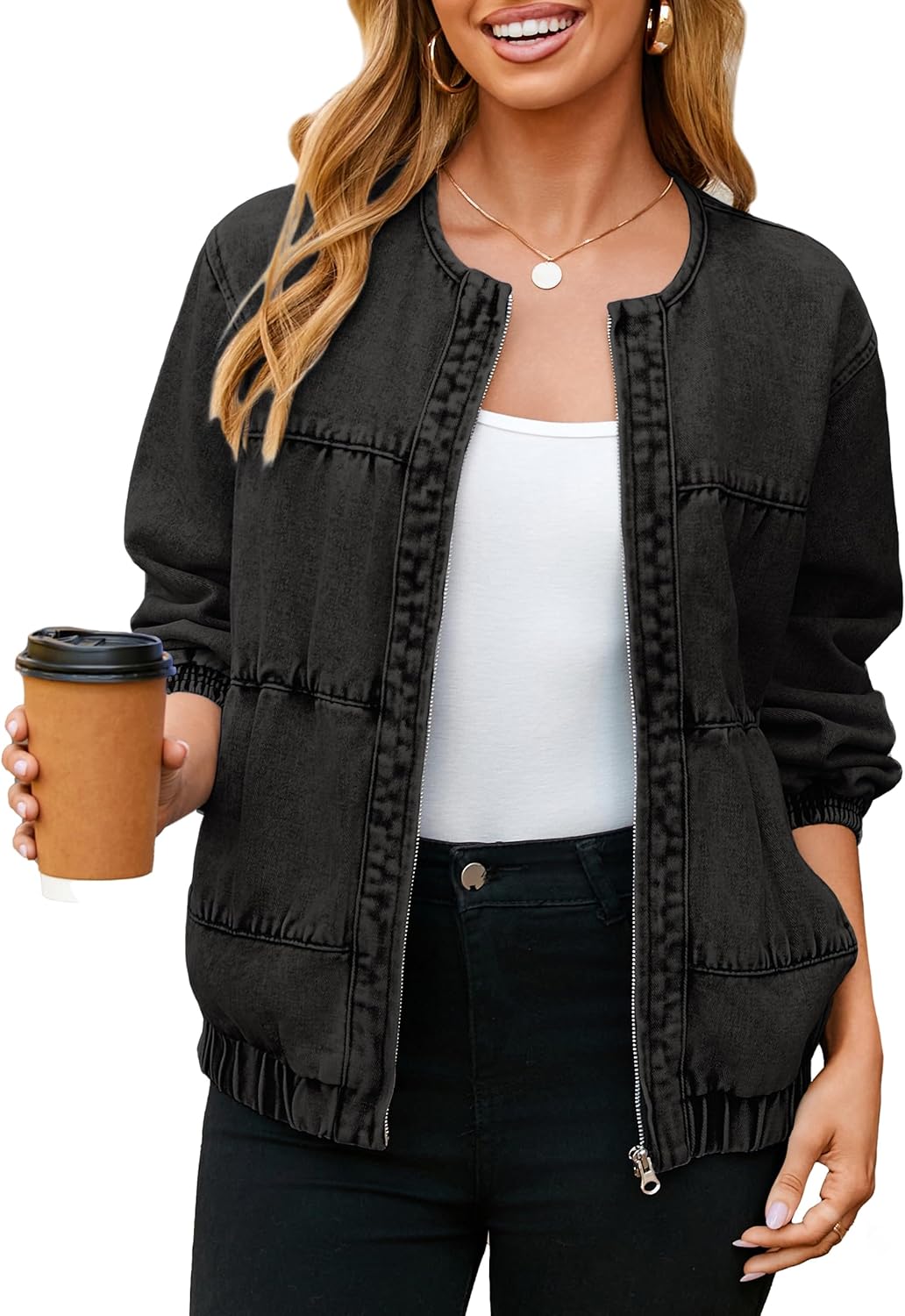 Glamaker Womens Denim Bomber Jacket Trendy Casual Zip Up Crew Neck Long Sleeve Loose Fit Jean Jacket Fall Outfits