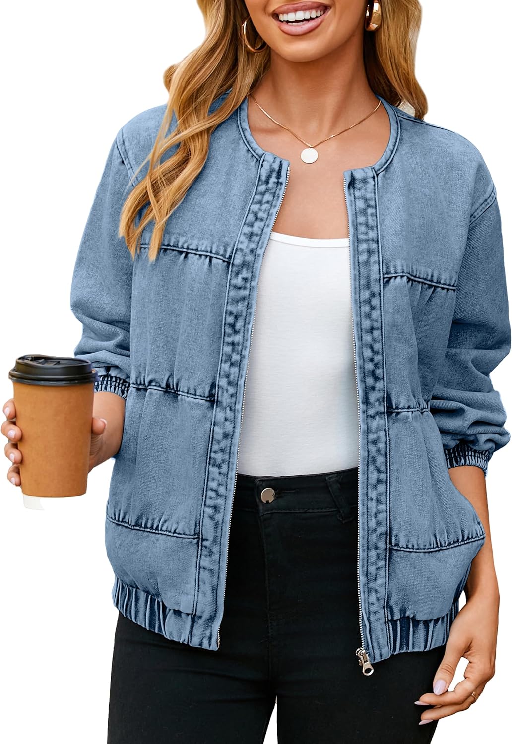 Glamaker Womens Denim Bomber Jacket Trendy Casual Zip Up Crew Neck Long Sleeve Loose Fit Jean Jacket Fall Outfits