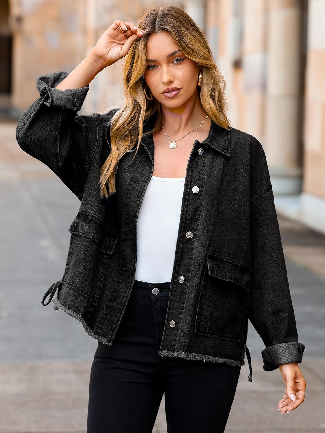 Glamaker Womens Jean Jackets Cropped Casual Denim Jacket Button Down Vintage Loose Frayed Hem Fall Coat with Pockets