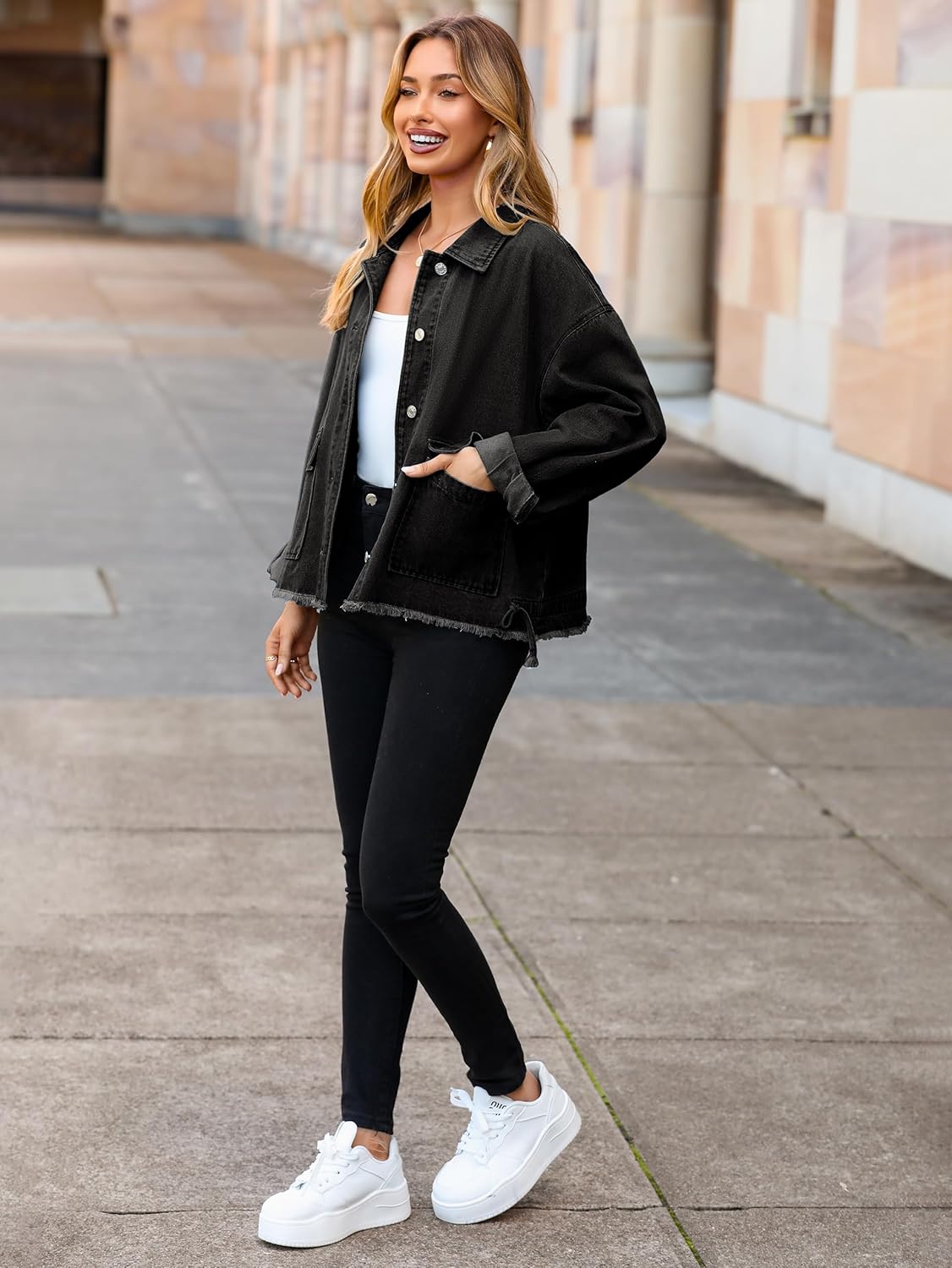 Glamaker Womens Jean Jackets Cropped Casual Denim Jacket Button Down Vintage Loose Frayed Hem Fall Coat with Pockets