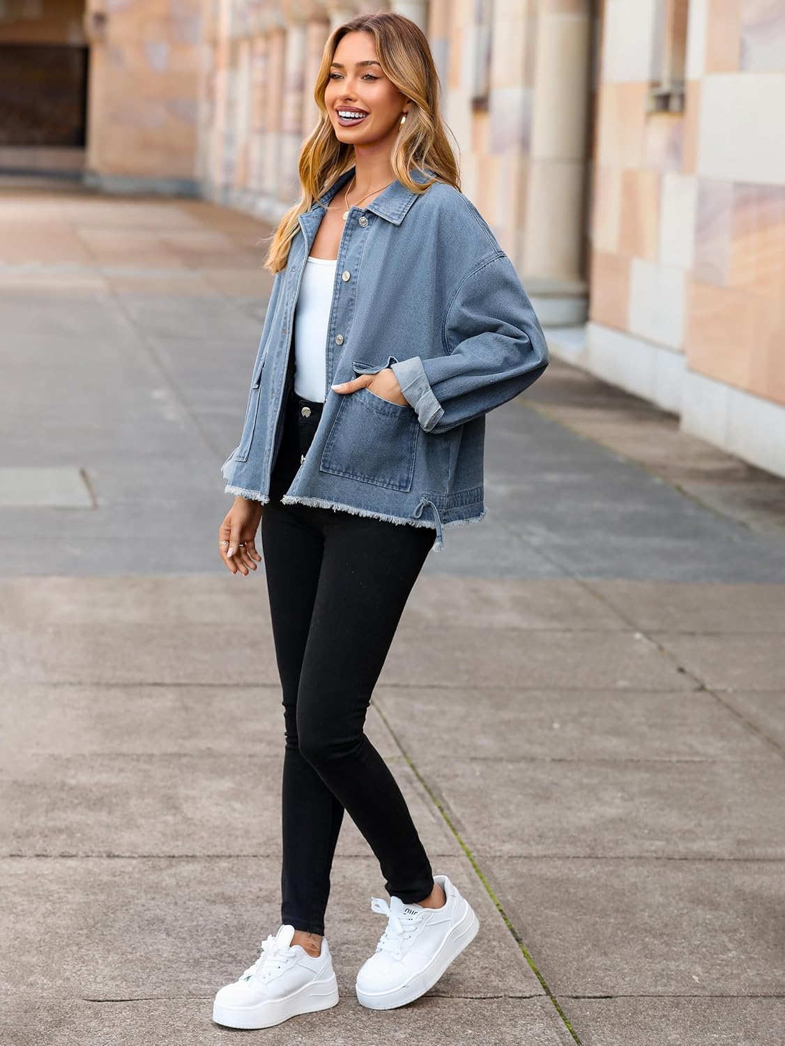 Glamaker Womens Jean Jackets Cropped Casual Denim Jacket Button Down Vintage Loose Frayed Hem Fall Coat with Pockets