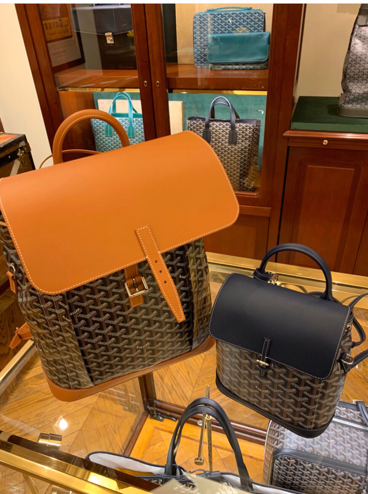 GOYARD Goyardine Calfskin Alpin MM Backpack Gold black brown