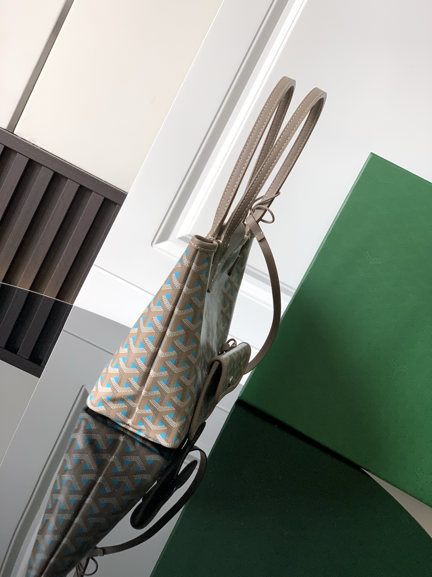 Goyard luxury leather bag in blue and beige with top handles