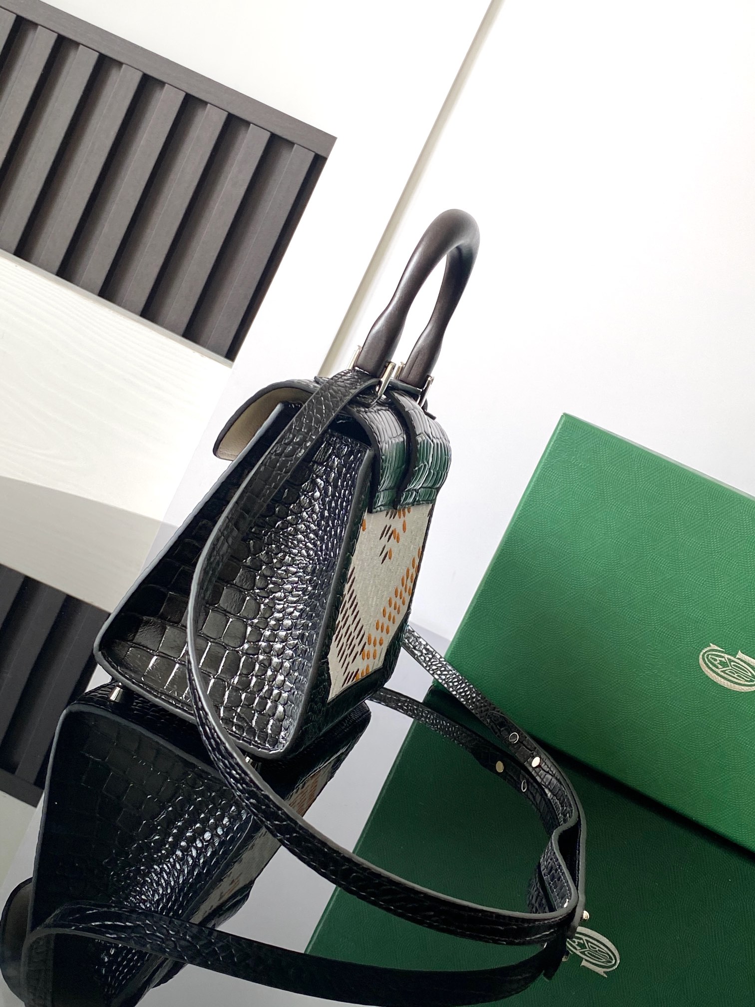 Goyard Matignon Crocodile Pattern Leather Top Handle Bag –black