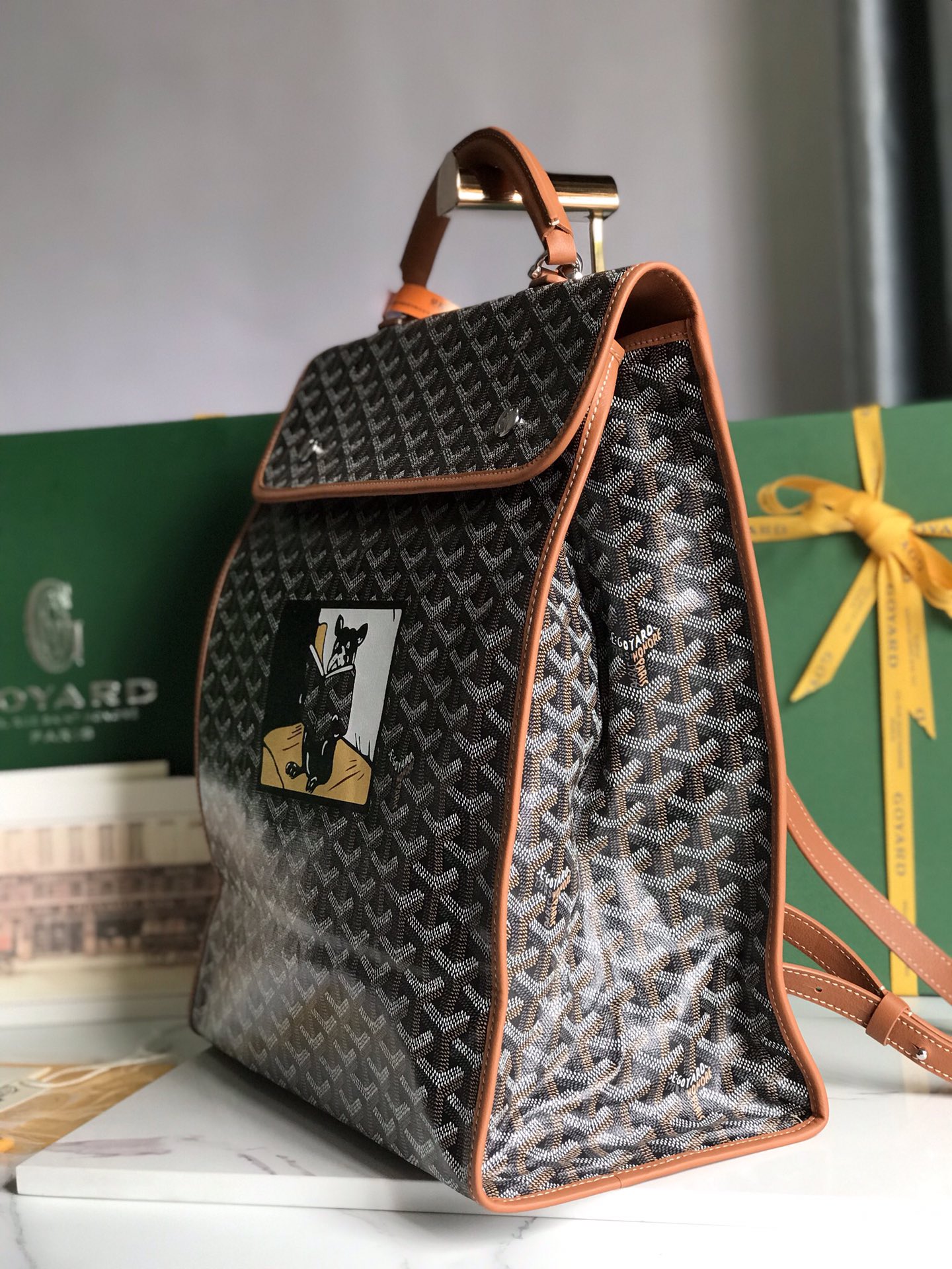 Goyard Saint Leger Backpack brown gray Tan logo dog book