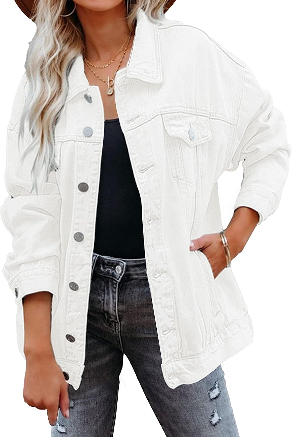 Gozoloma Women’s Casual Loose Oversized Denim Jacket Long Sleeved Button Jean Jacket Coat Tops