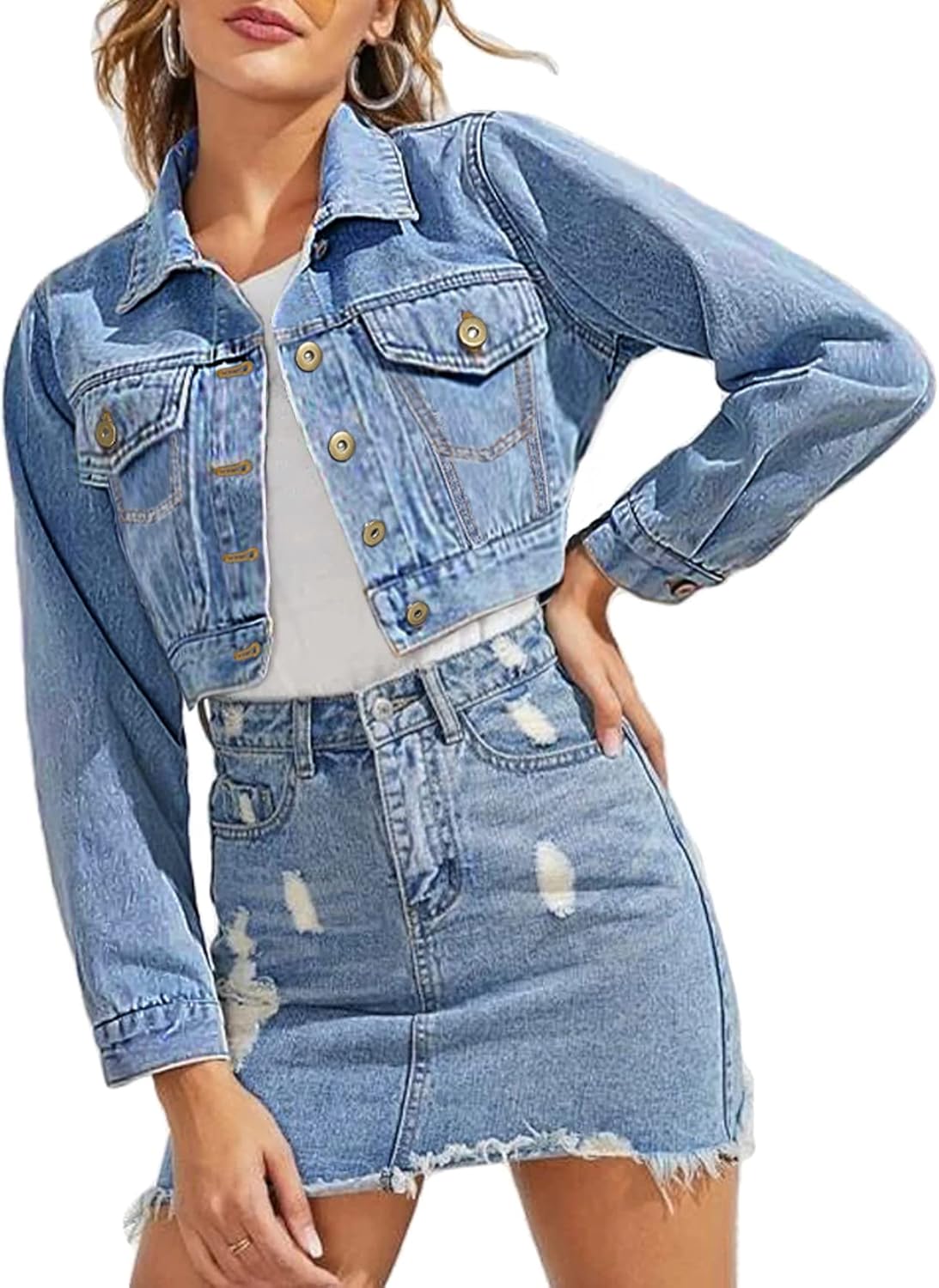 Grabsa Women’s Button Down Long Sleeve Cropped Denim Jean Jacket with Pockets