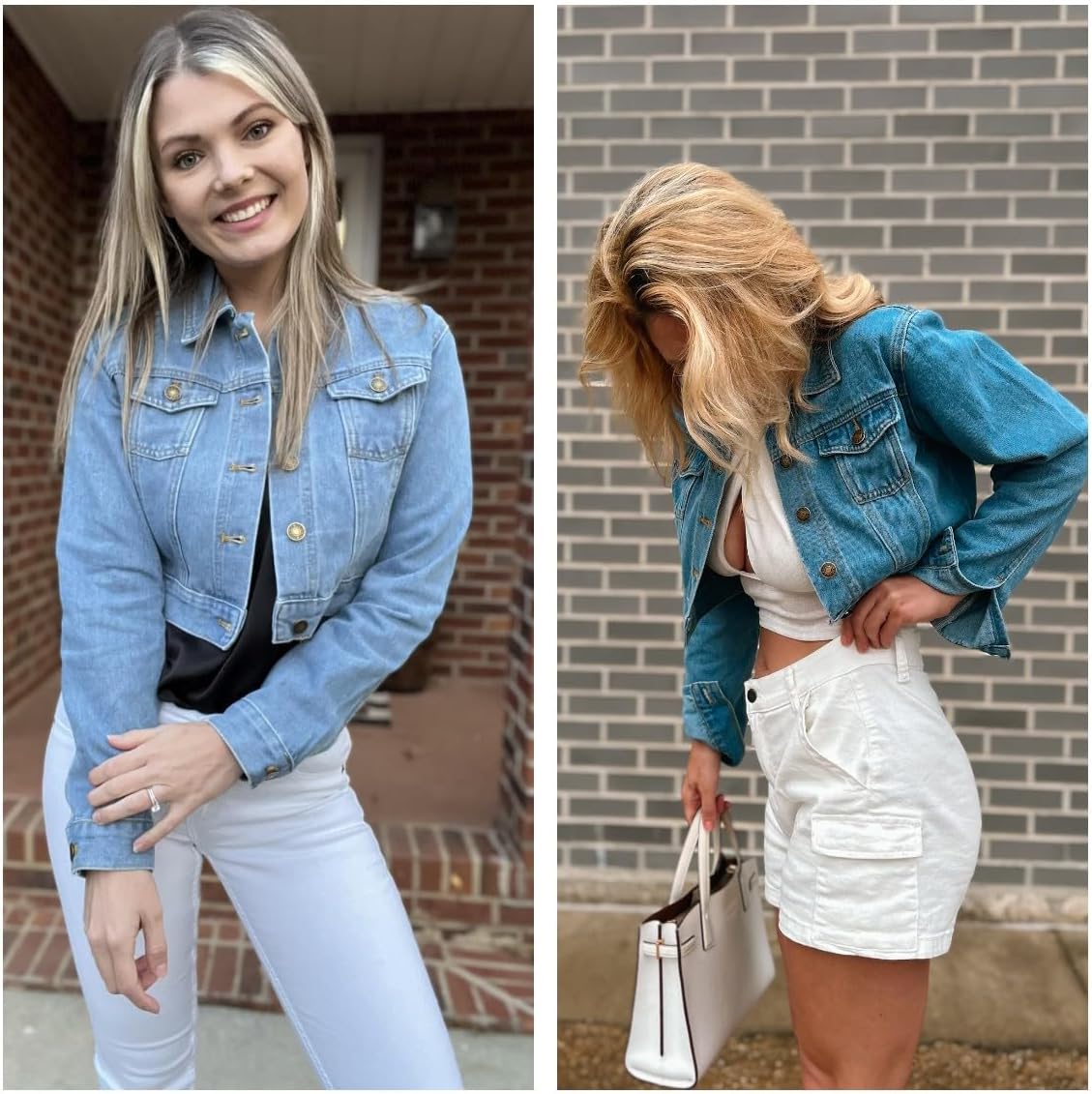 Grabsa Women’s Button Down Long Sleeve Cropped Denim Jean Jacket with Pockets