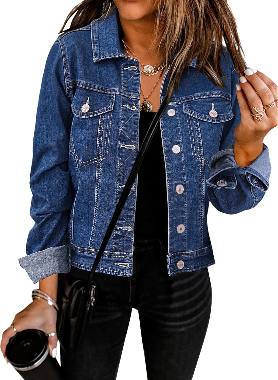 GRAPENT Women’s Basic Button Down Long Sleeve Stretchy Jean Trucker Denim Jacket