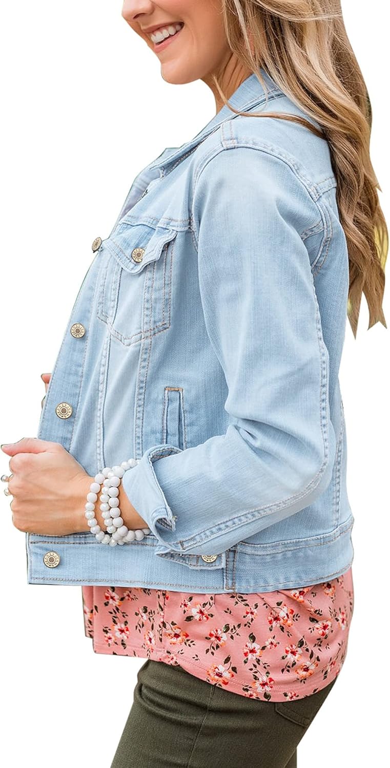 GRAPENT Women’s Basic Button Down Long Sleeve Stretchy Jean Trucker Denim Jacket