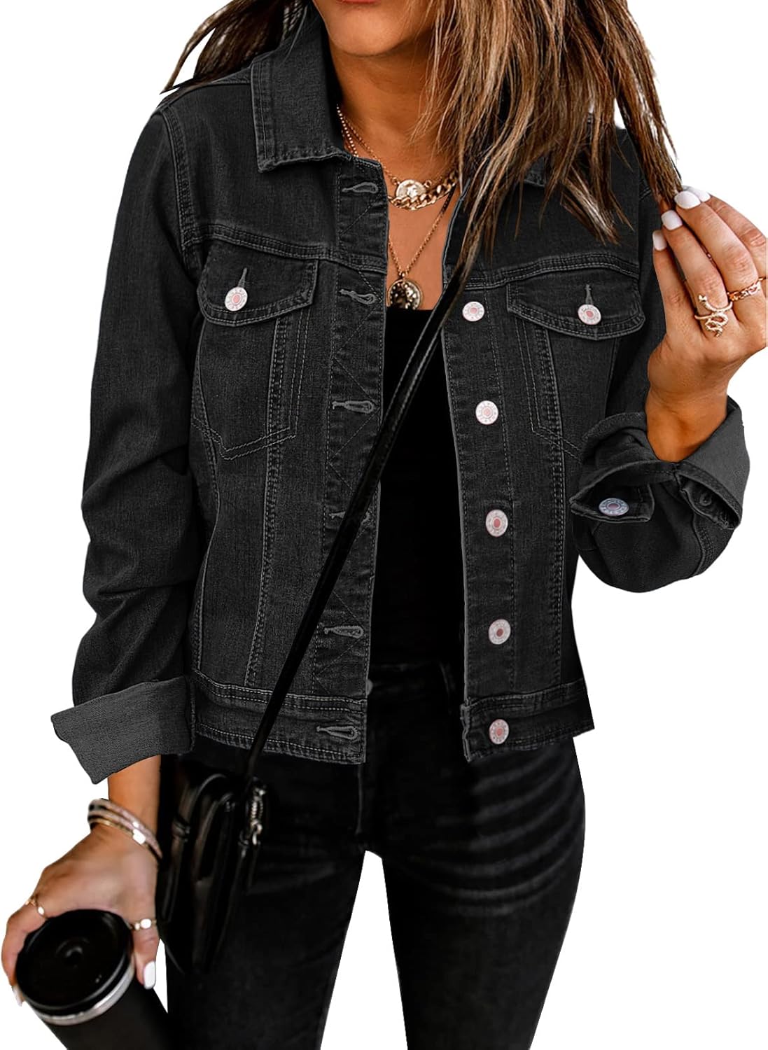 GRAPENT Women’s Basic Button Down Long Sleeve Stretchy Jean Trucker Denim Jacket