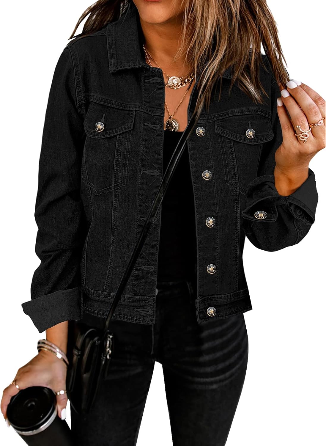 GRAPENT Women’s Basic Button Down Long Sleeve Stretchy Jean Trucker Denim Jacket