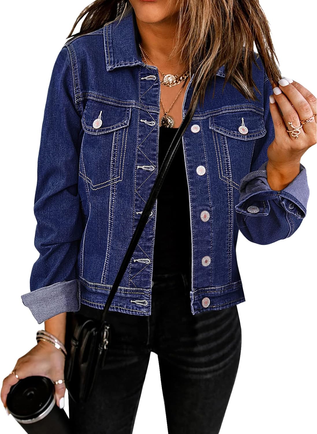 GRAPENT Women’s Basic Button Down Long Sleeve Stretchy Jean Trucker Denim Jacket