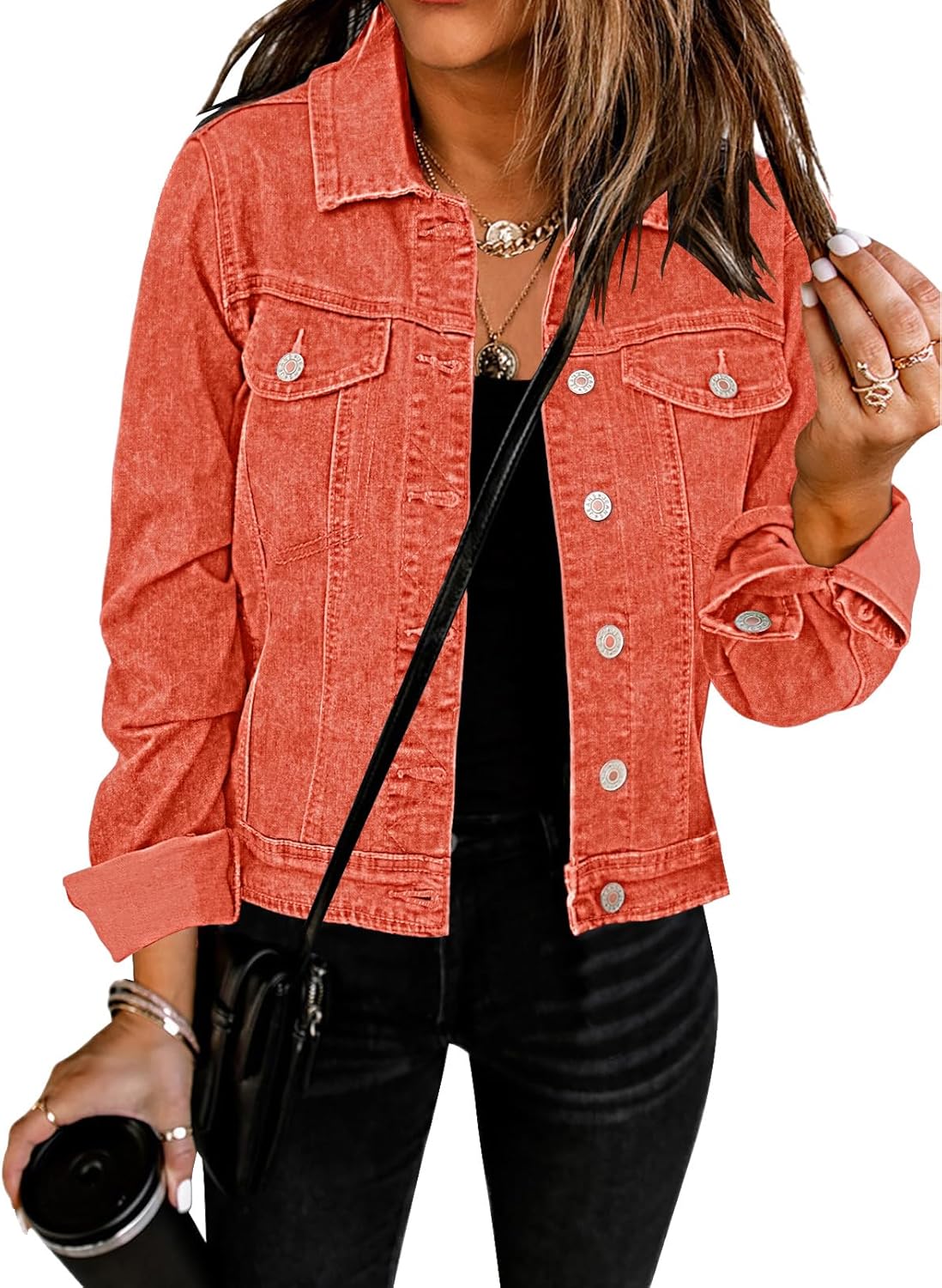 GRAPENT Women’s Basic Button Down Long Sleeve Stretchy Jean Trucker Denim Jacket