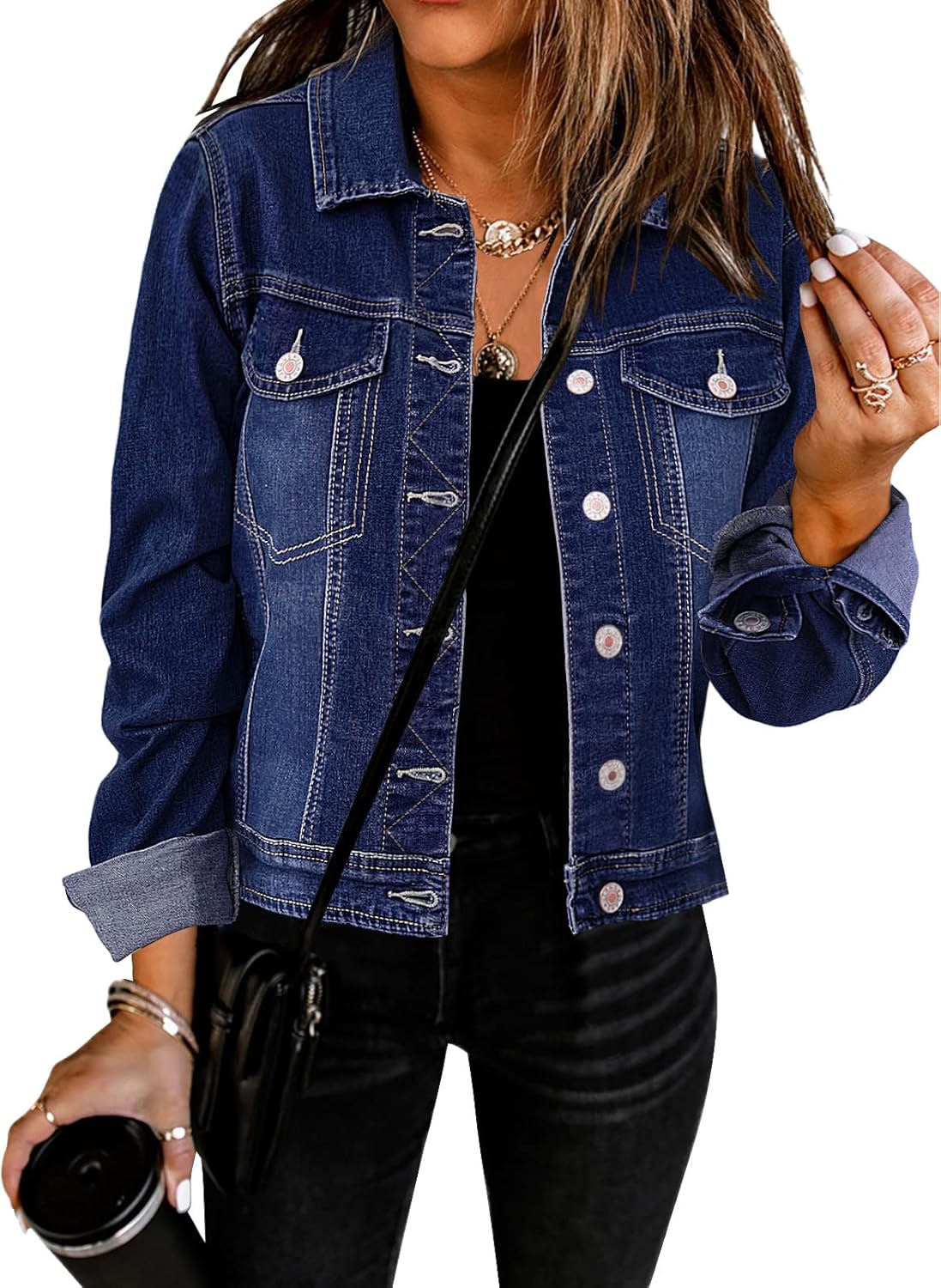 GRAPENT Women’s Basic Button Down Long Sleeve Stretchy Jean Trucker Denim Jacket