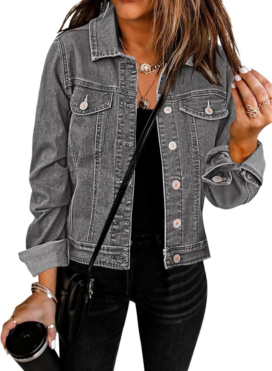 GRAPENT Women’s Basic Button Down Long Sleeve Stretchy Jean Trucker Denim Jacket