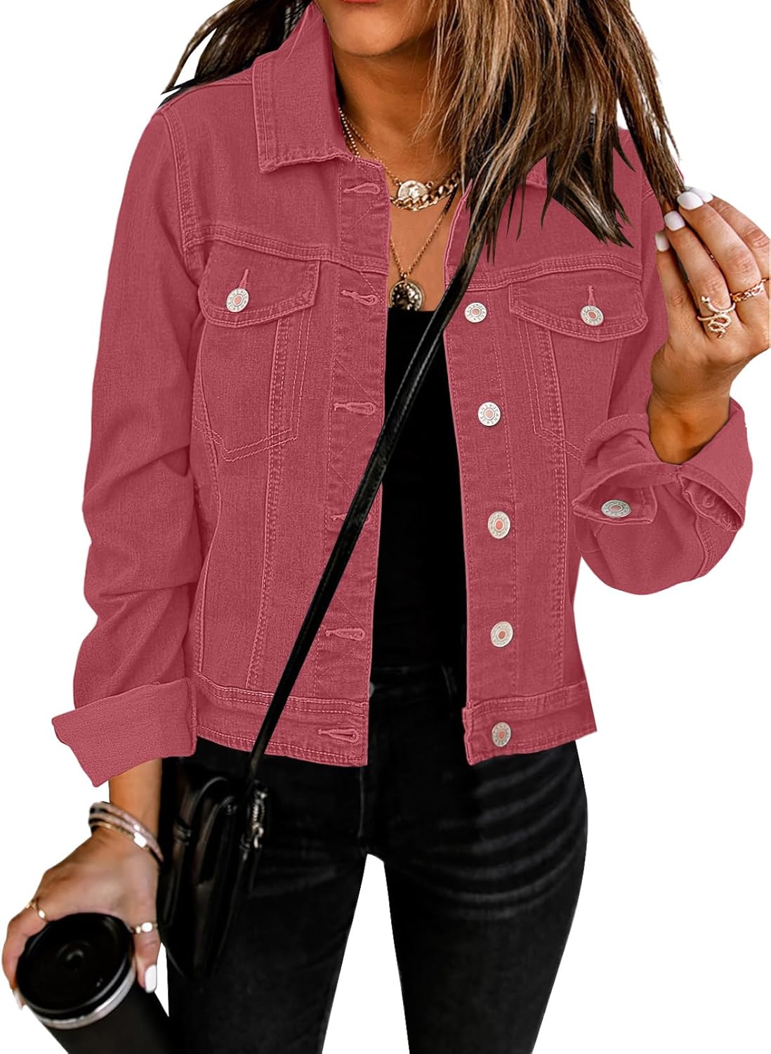 GRAPENT Women’s Basic Button Down Long Sleeve Stretchy Jean Trucker Denim Jacket