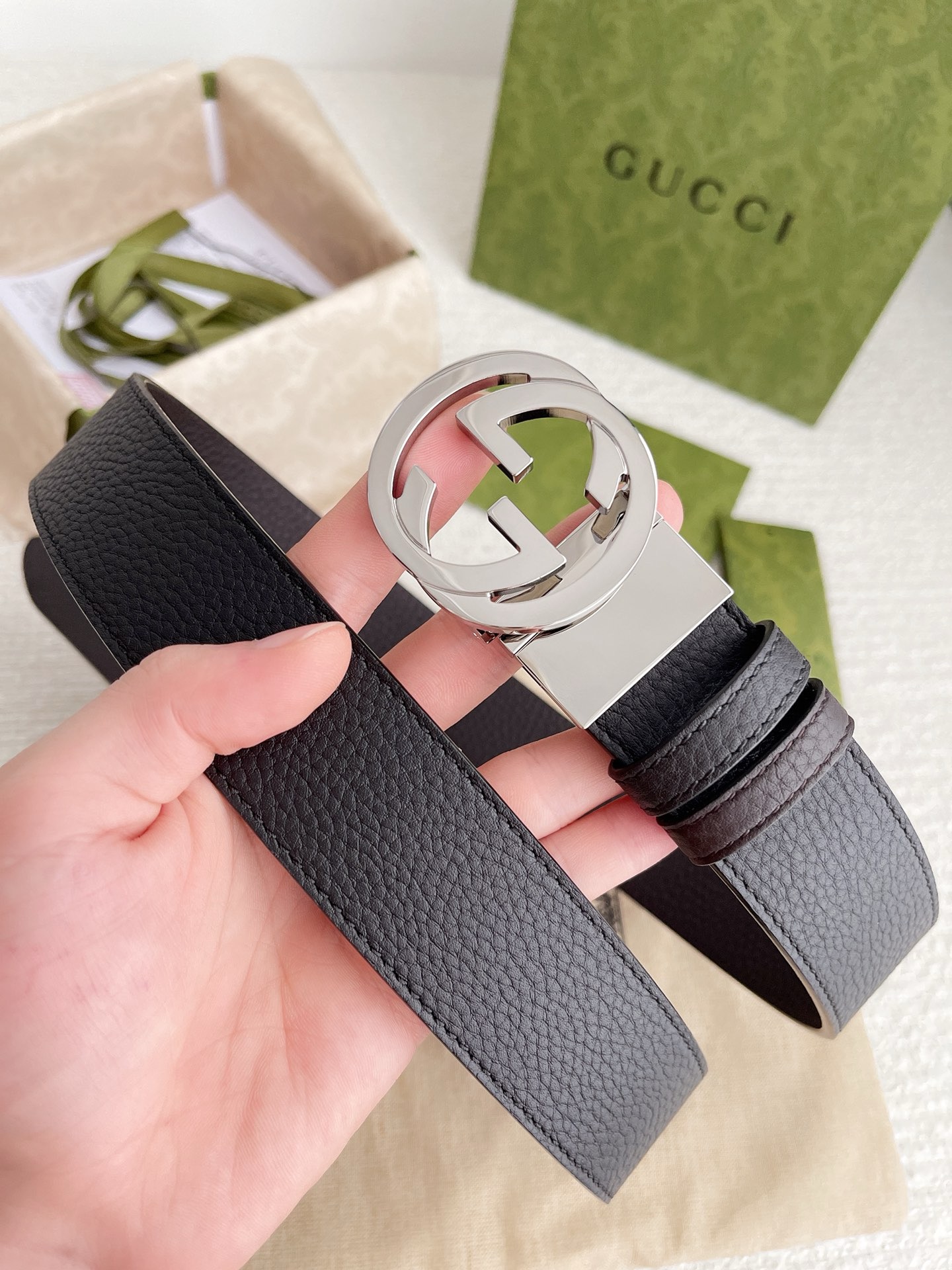 GUCCI 432707 GG buckle belt Leather Black