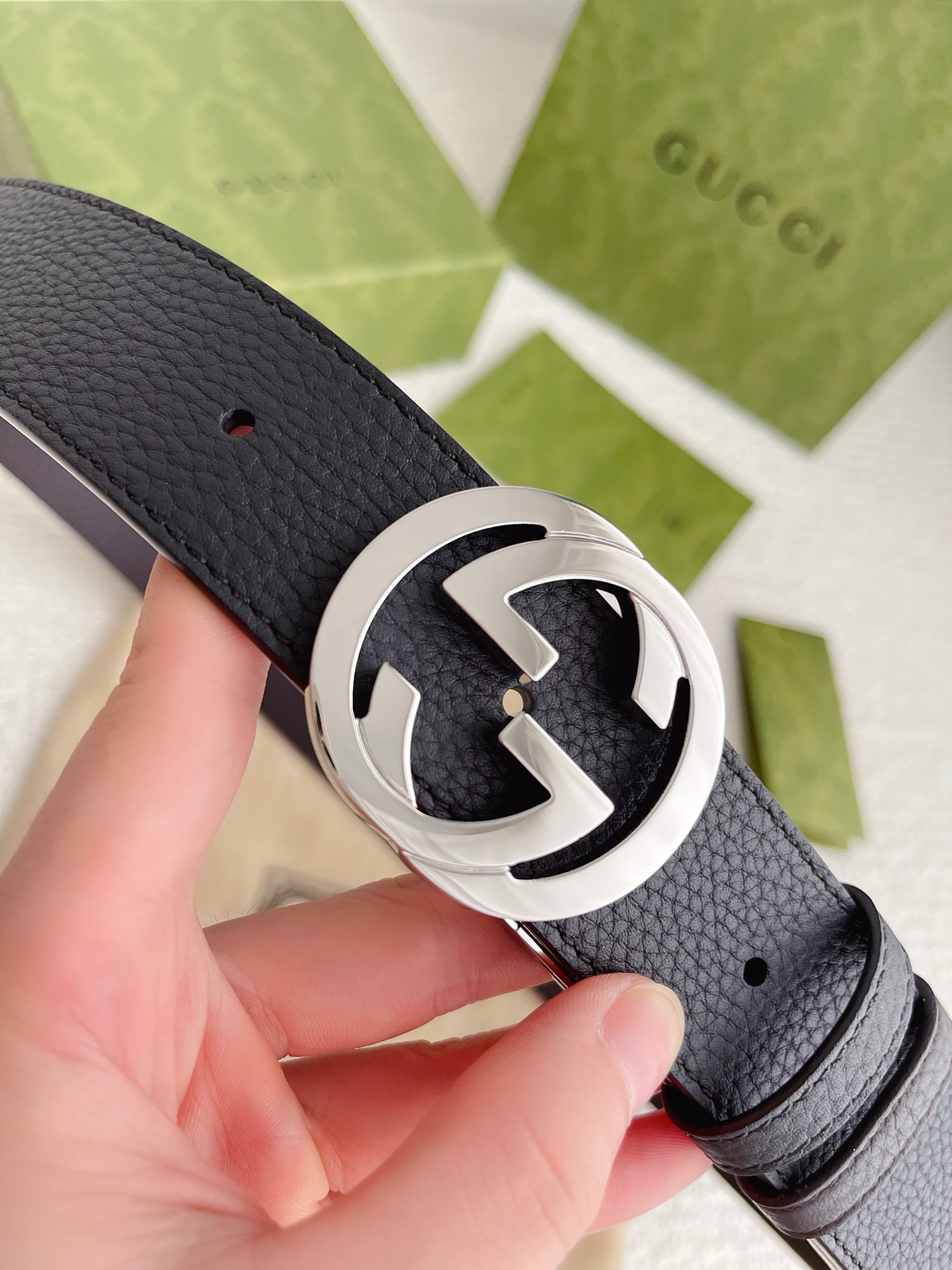 GUCCI 432707 GG buckle belt Leather Black