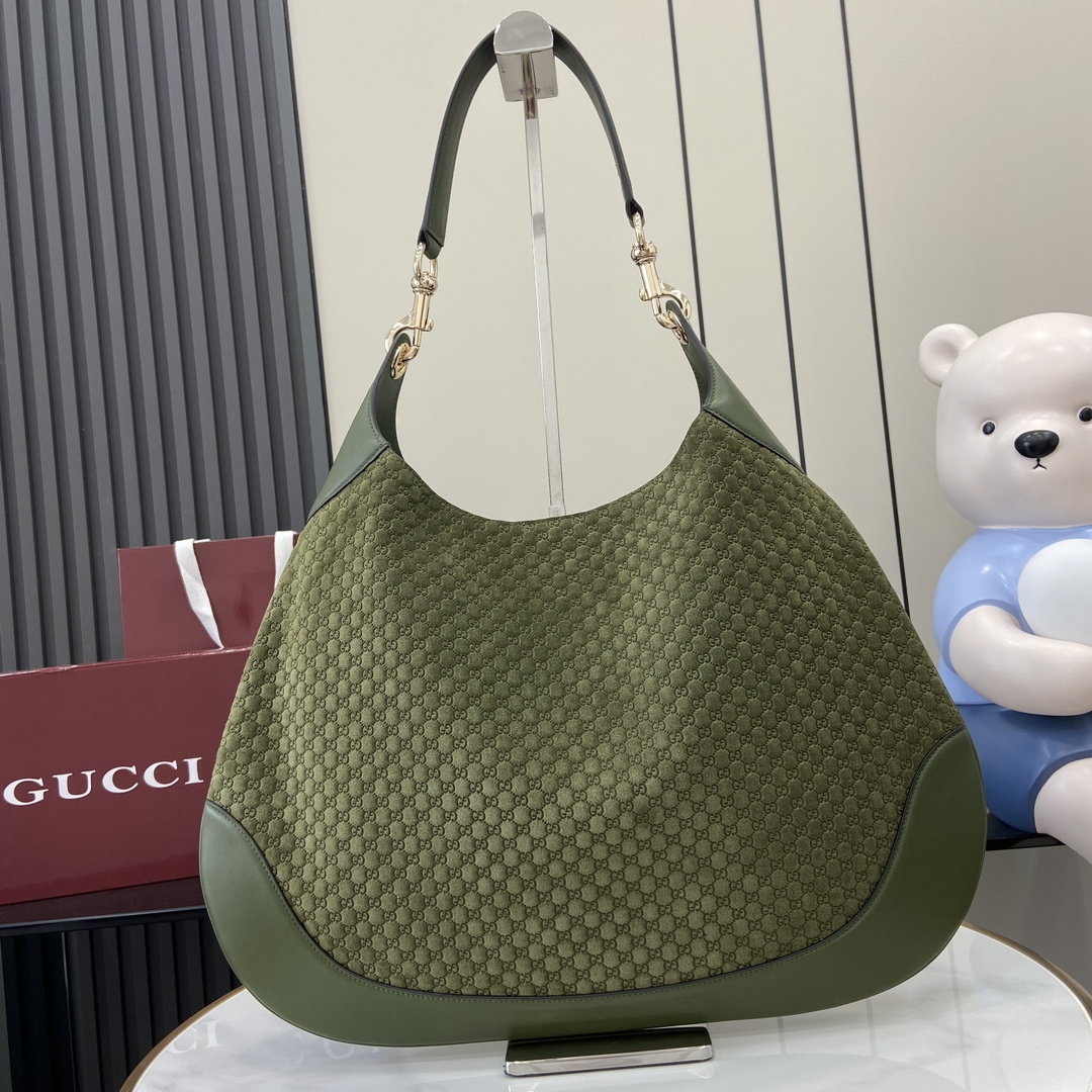 Gucci B large shoulder bag in dark green GG suede | GUCCI