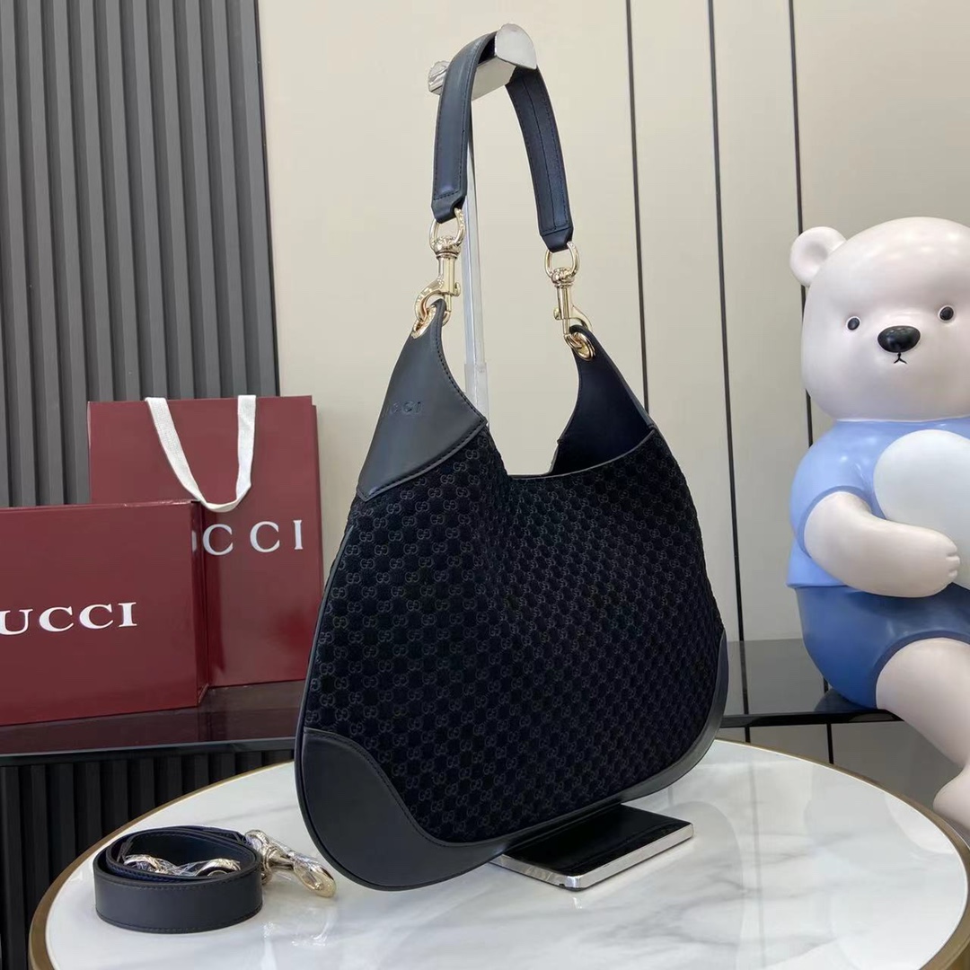 Gucci B medium shoulder bag in black GG suede | GUCCI