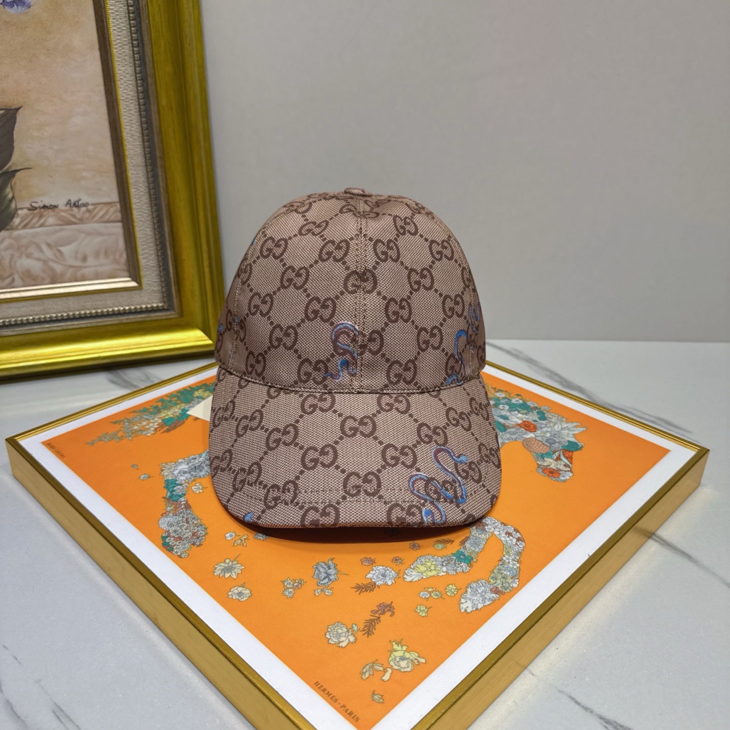 Gucci Beige Monogram Cap - Snake Detail