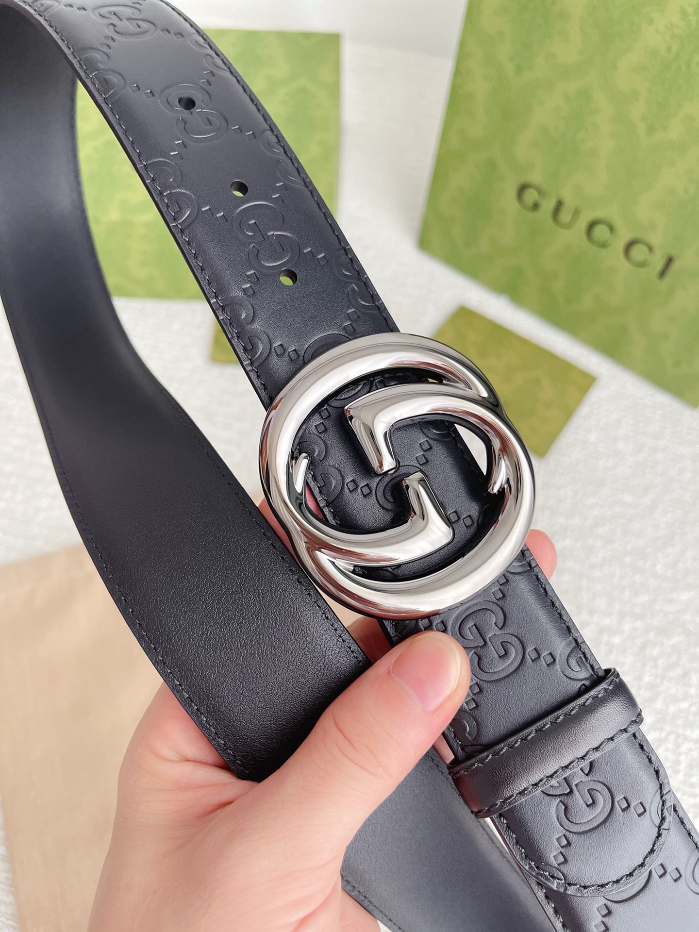 Gucci Belt Black Guccissima Monogram Silver GG sz 38/40