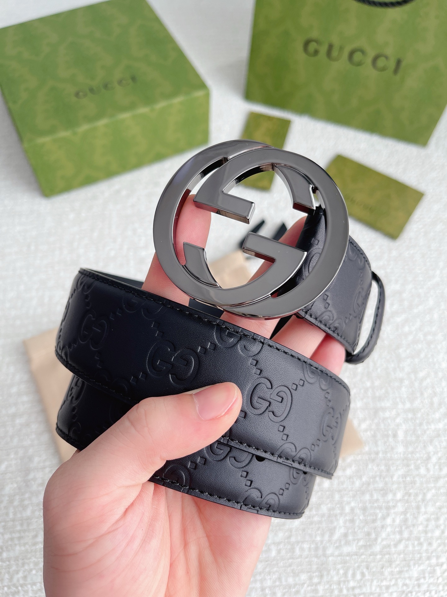 Gucci Black Leather Gunmetal Belt - Gucci Signature Black Leather Belt