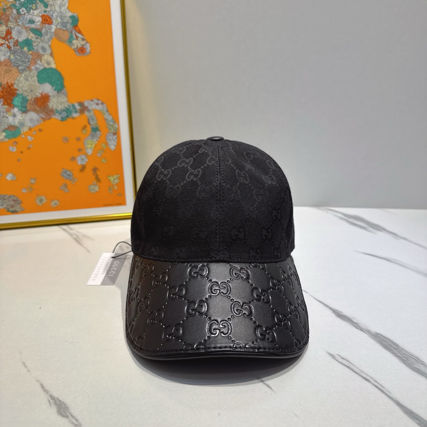 Gucci Black Leather Baseball Cap - Gucci Black Jacquard Leather