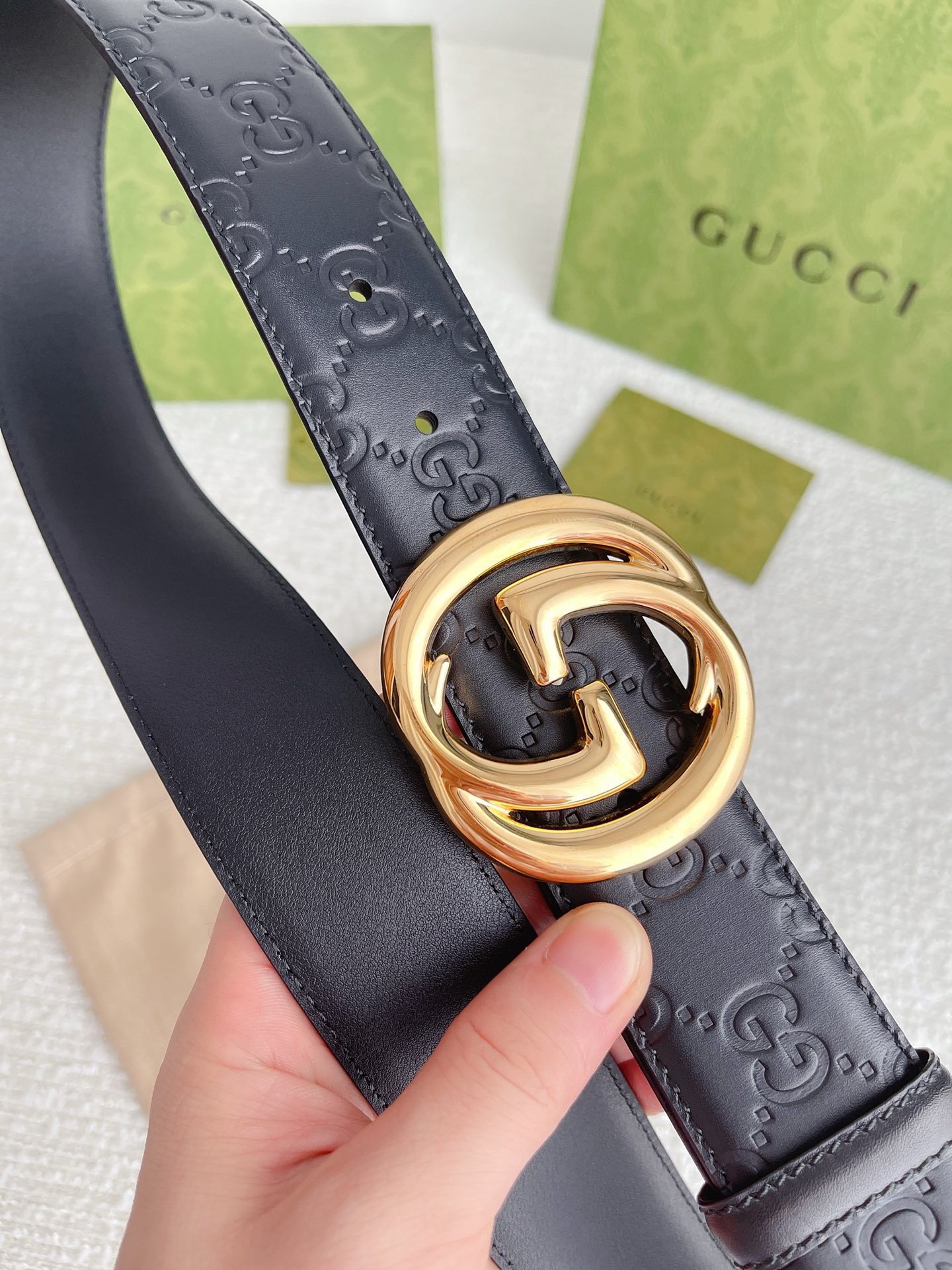 Gucci Black Guccissima Leather Interlocking G Buckle Belt 85CM