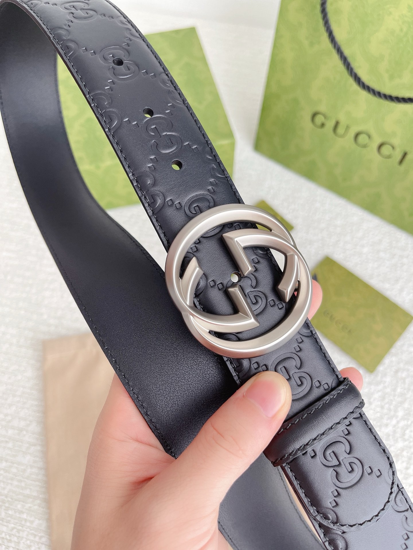Gucci Black Guccissima Leather Silver Interlocking G Buckle Belt 100/40