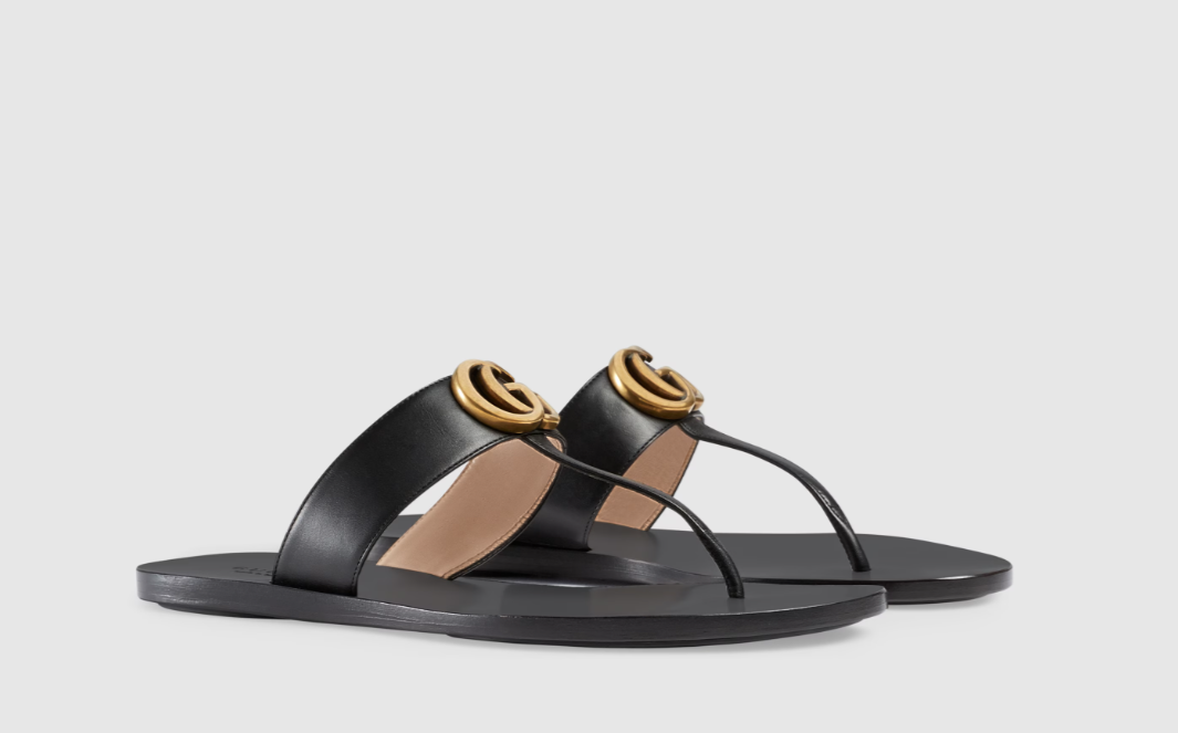 Gucci Black Leather Thong Sandal With Double G EU35-45