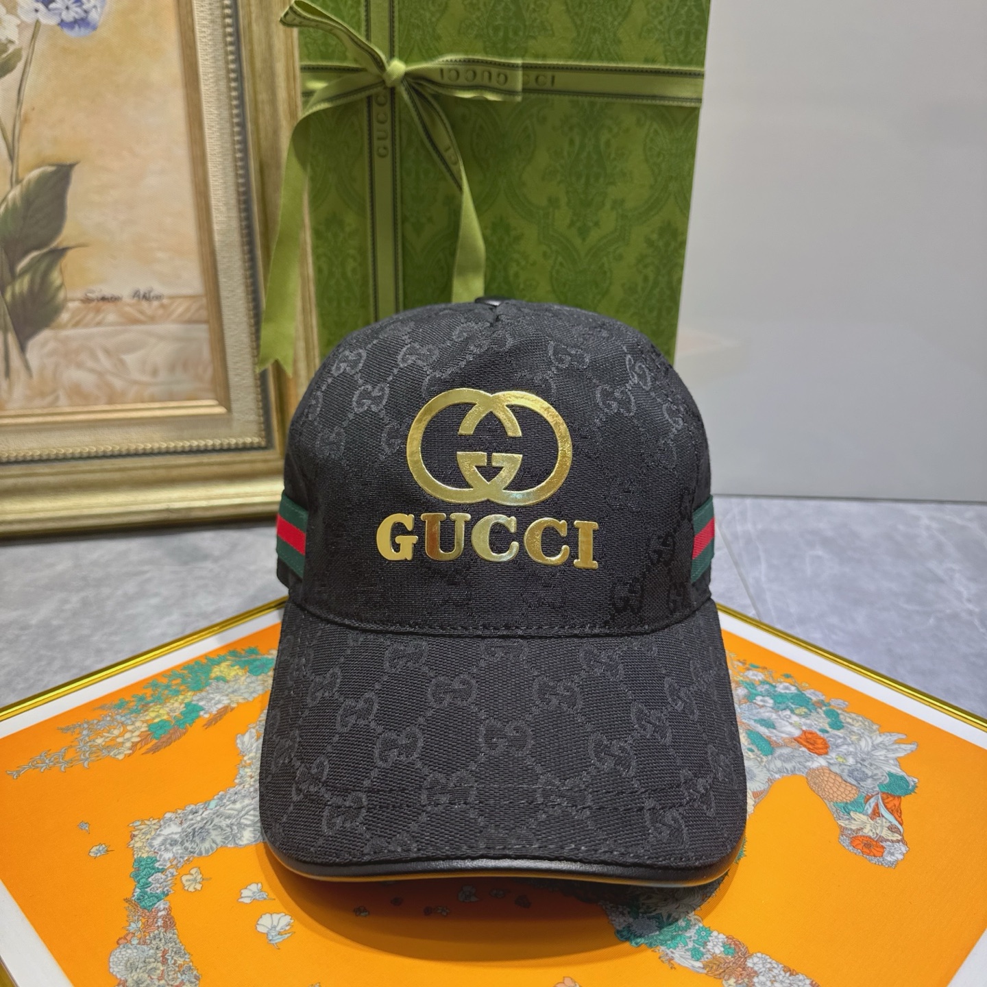 Gucci Black GG Canvas Cap - Gold Logo & Web Stripe