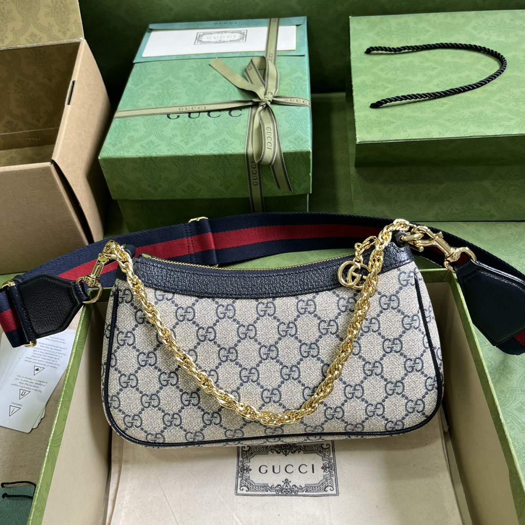 GUCCI Blauer Canvas Tasche Kleine Ophidia Gold GG Mit