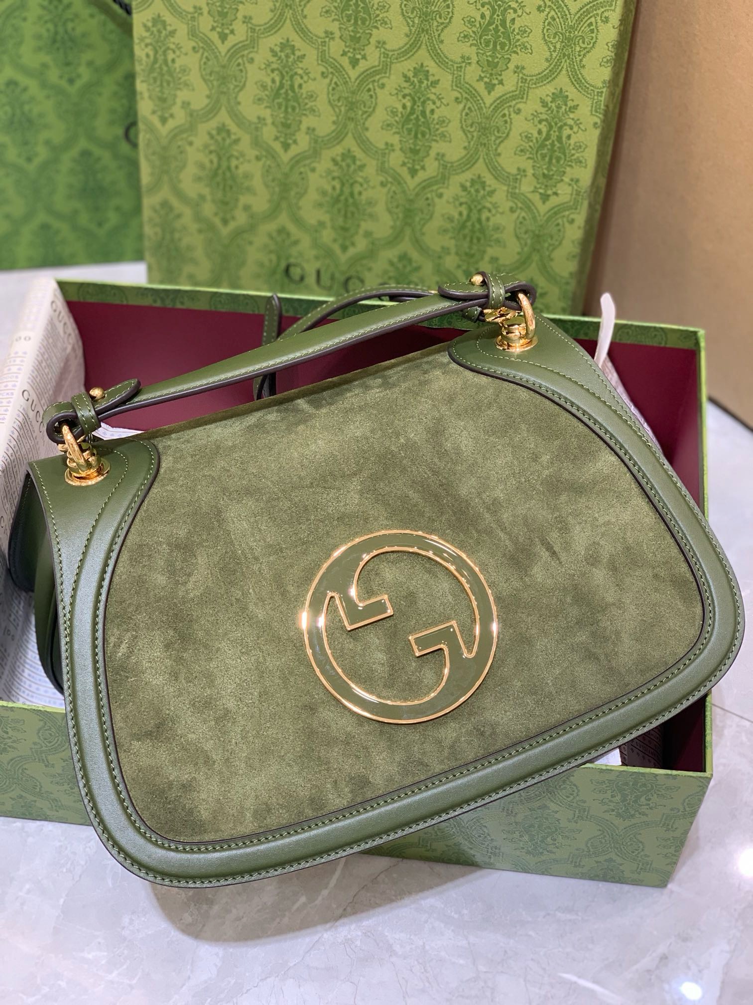 Gucci Dark Green Blondie Shoulder Bag in suede and leather with gold interlocking G logo