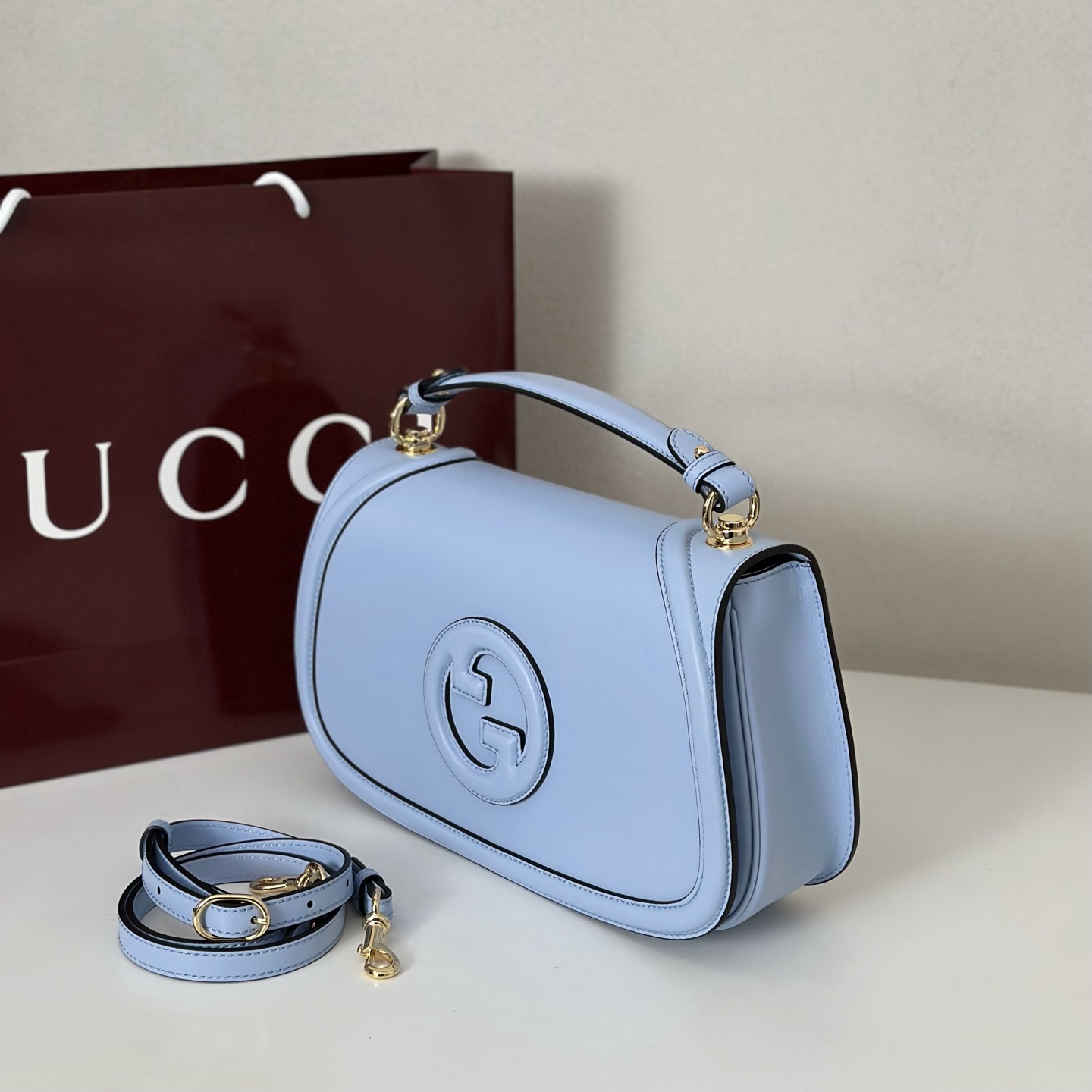 Gucci Blondie medium top handle bag in light blue leather