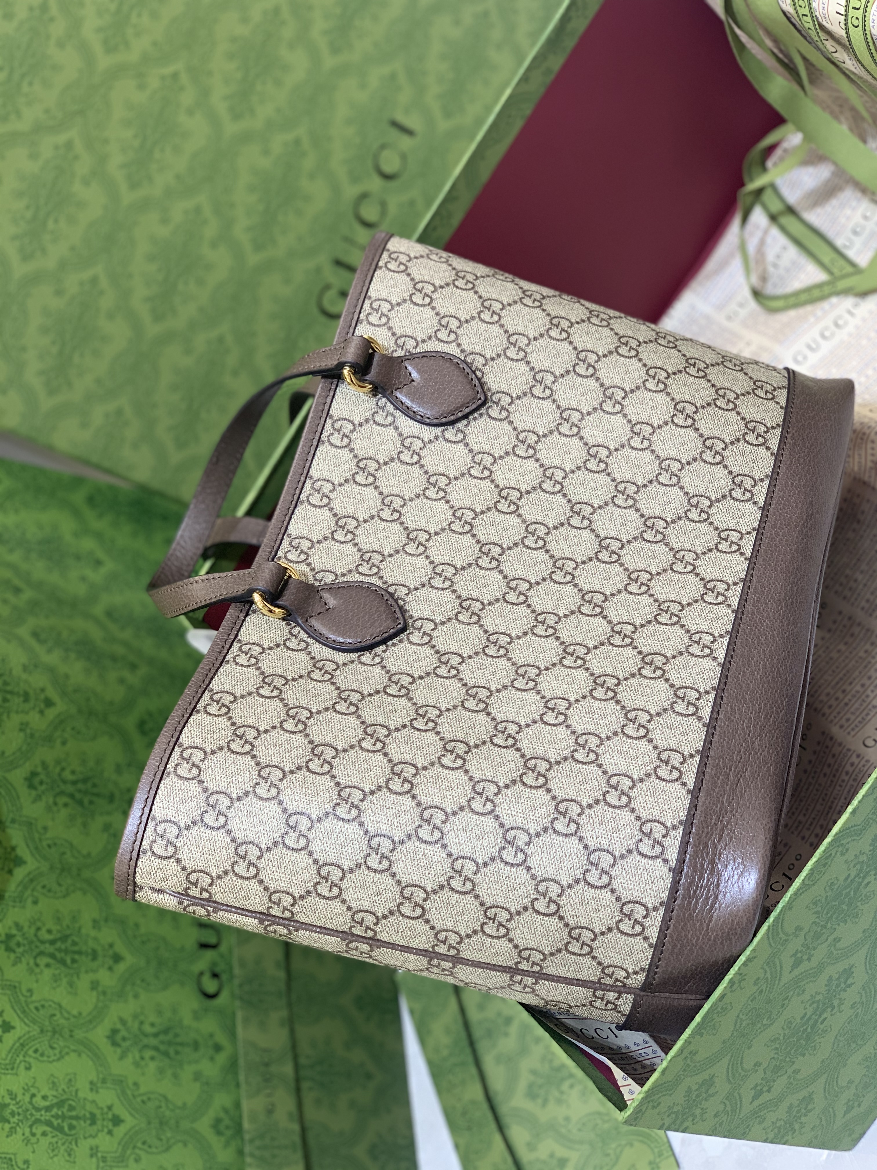 Gucci Brown GG Supreme Ophidia Tote Beige Pony-style