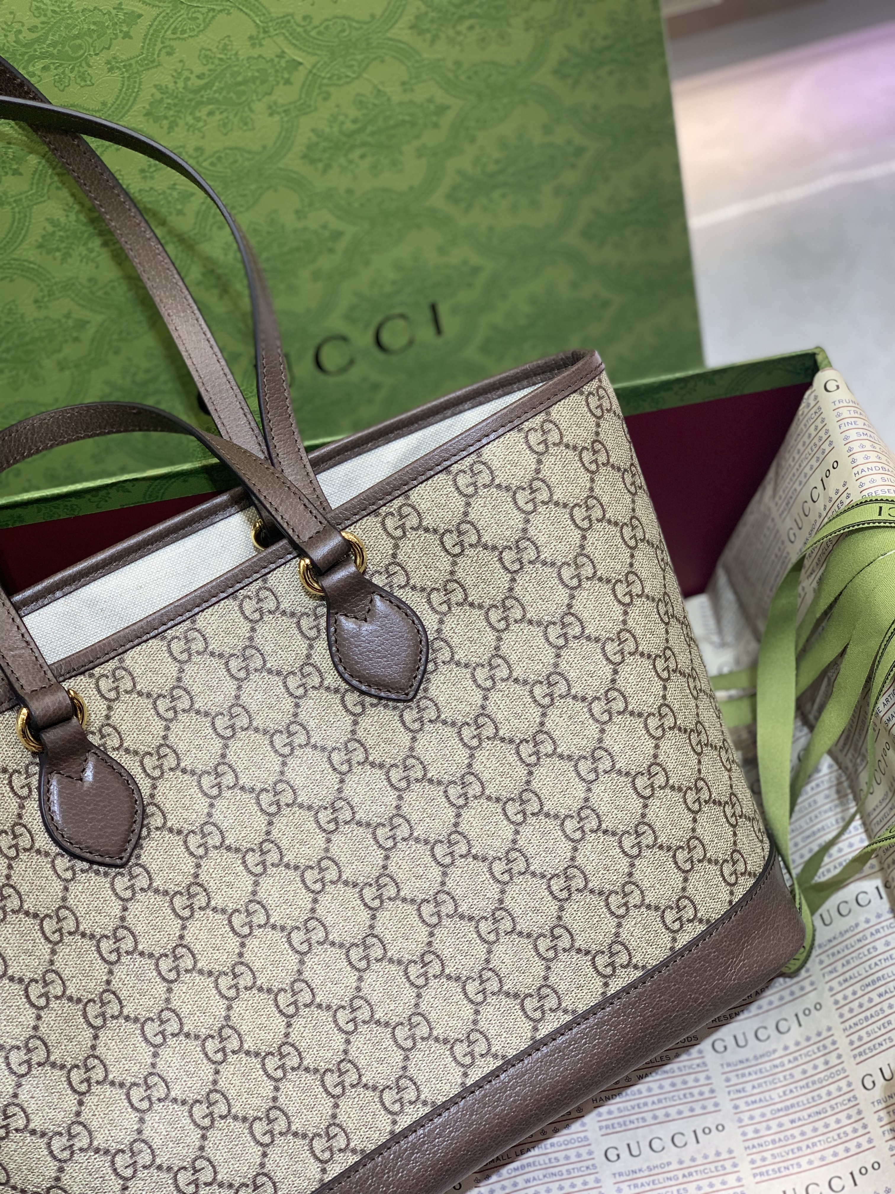 Gucci Brown GG Supreme Ophidia Tote Beige Pony-style
