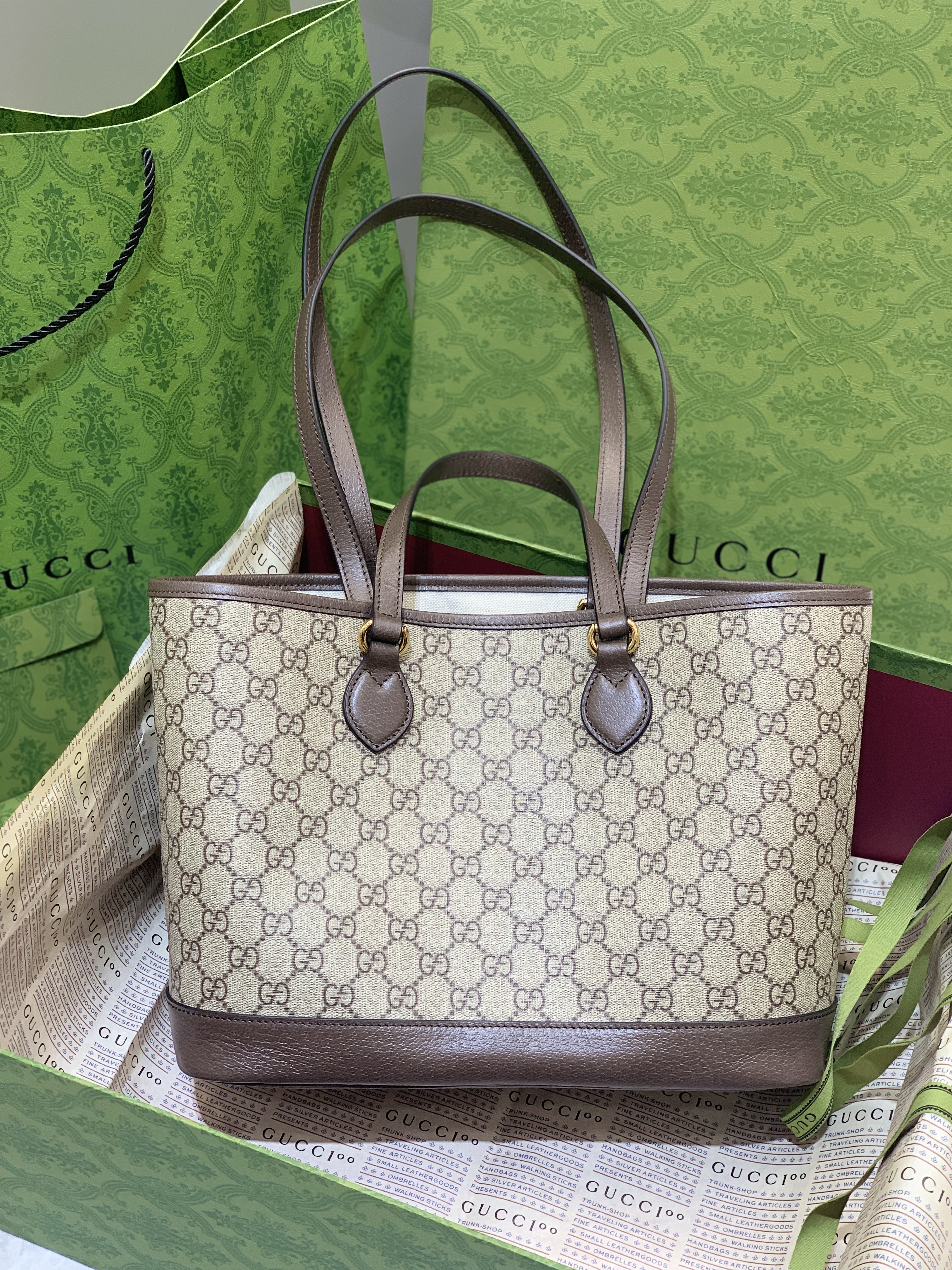 Gucci Ophidia GG Supreme Tote beige canvas brown leather