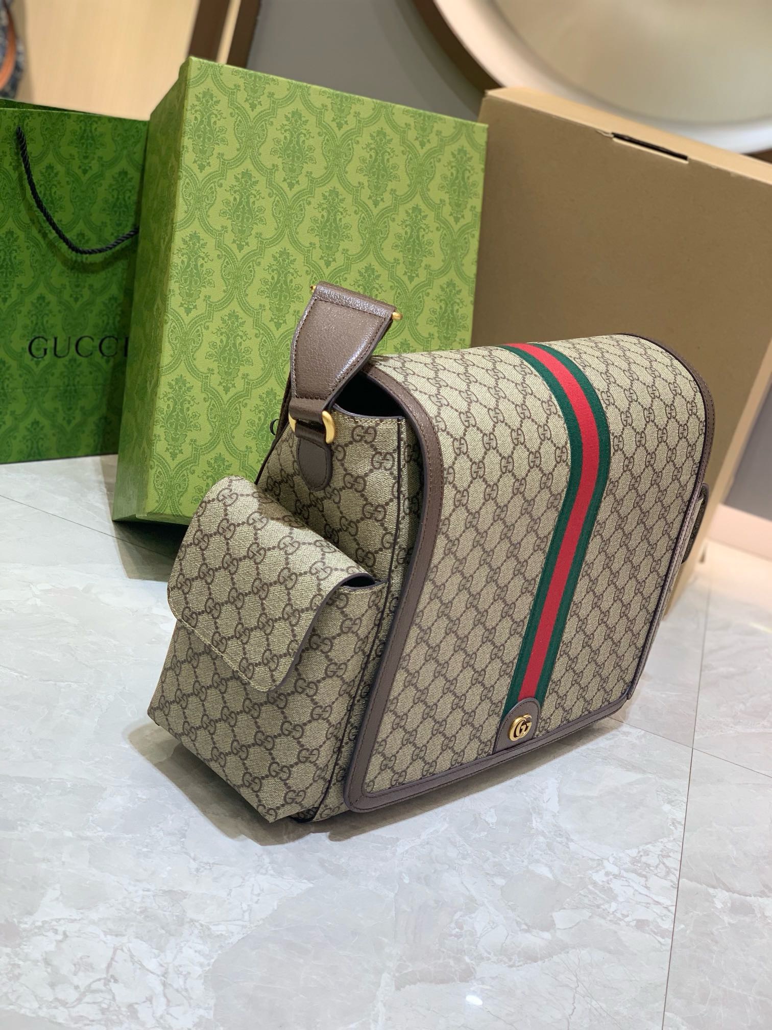 Gucci Brown Large GG Diaper Bag in GG Supreme Canvas