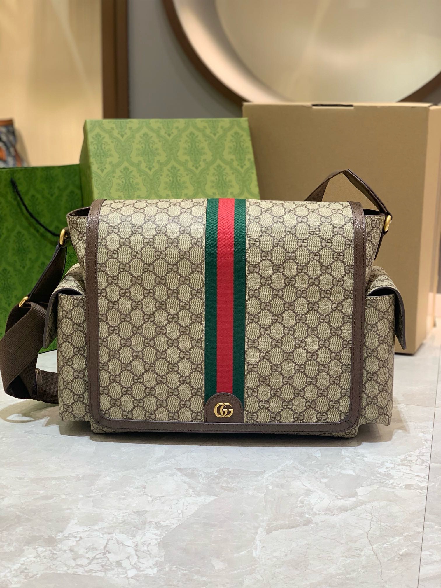 Gucci Brown Large GG Diaper Bag in GG Supreme Canvas