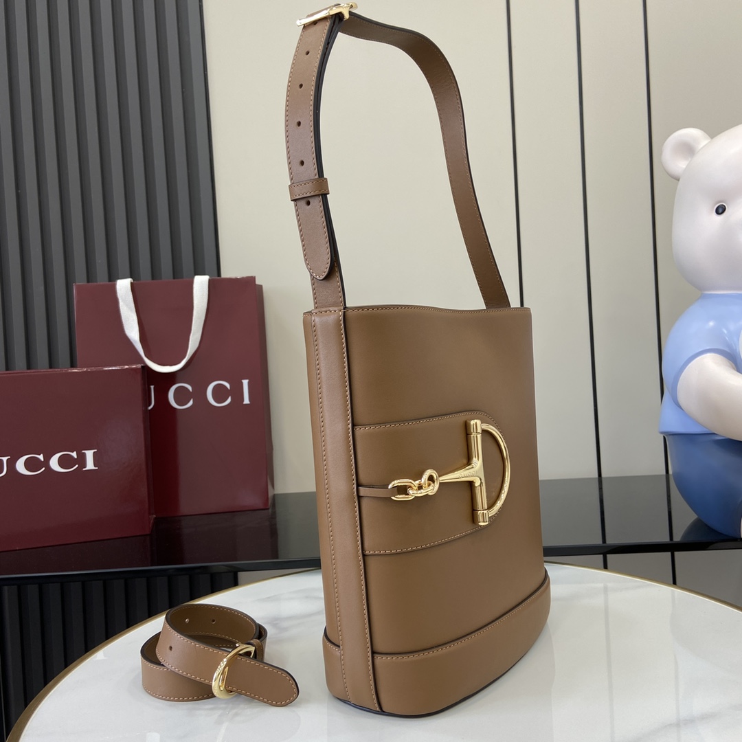 Gucci Brown Leather Mini Bucket Tote Bag with Shoulde