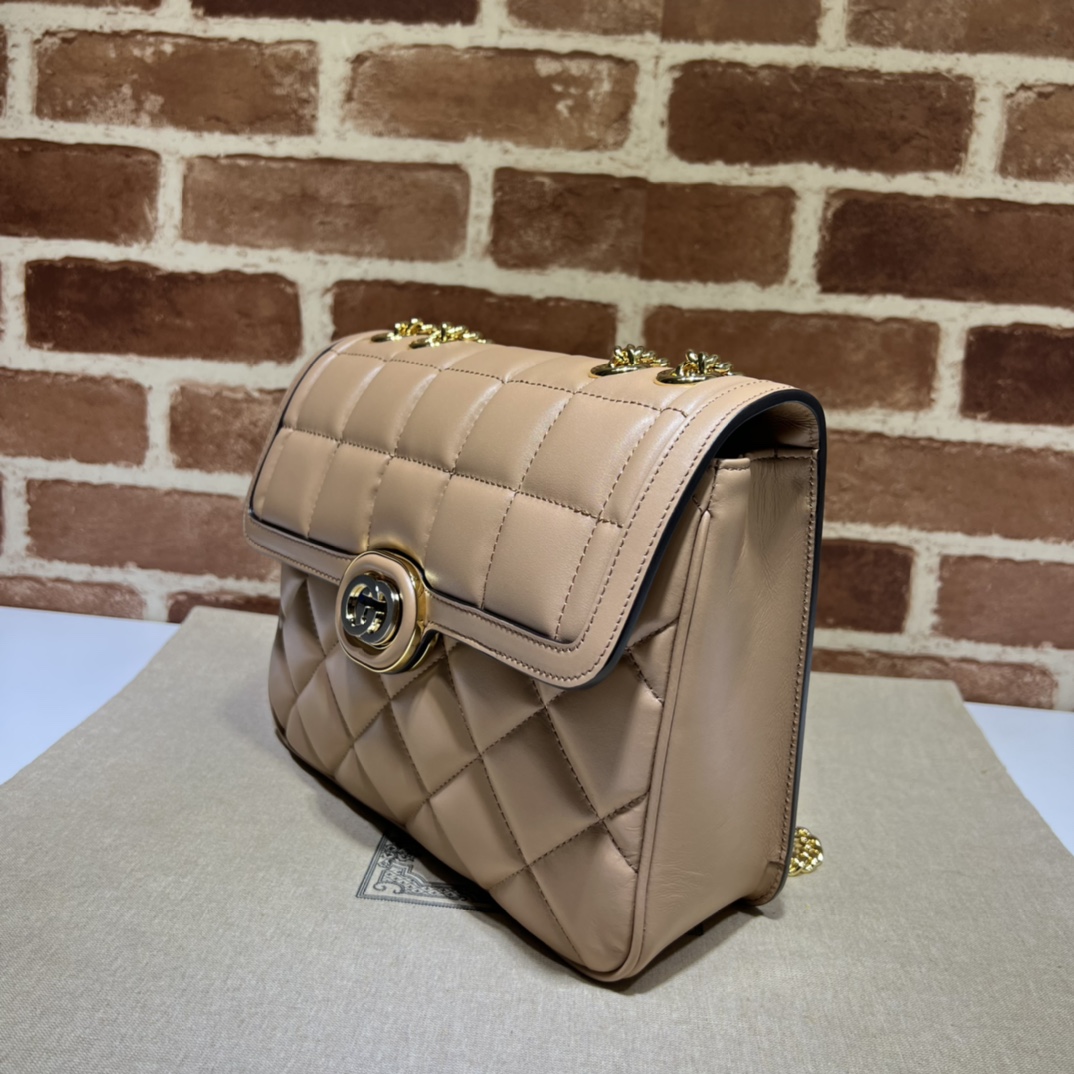 GUCCI Calfskin Quilted Small Deco Shoulder Bag Camelia 1404015